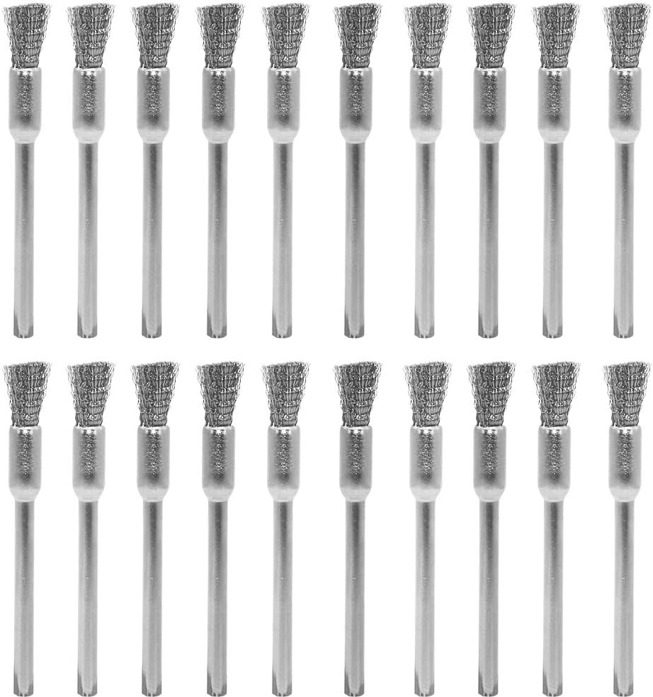 20 pcs Steel Cleaning End Brushes Pen 1/5″(5mm) x 1/8″(3mm) Wire Brush Rust Paint Removal Bits Polishing Rotary Tools