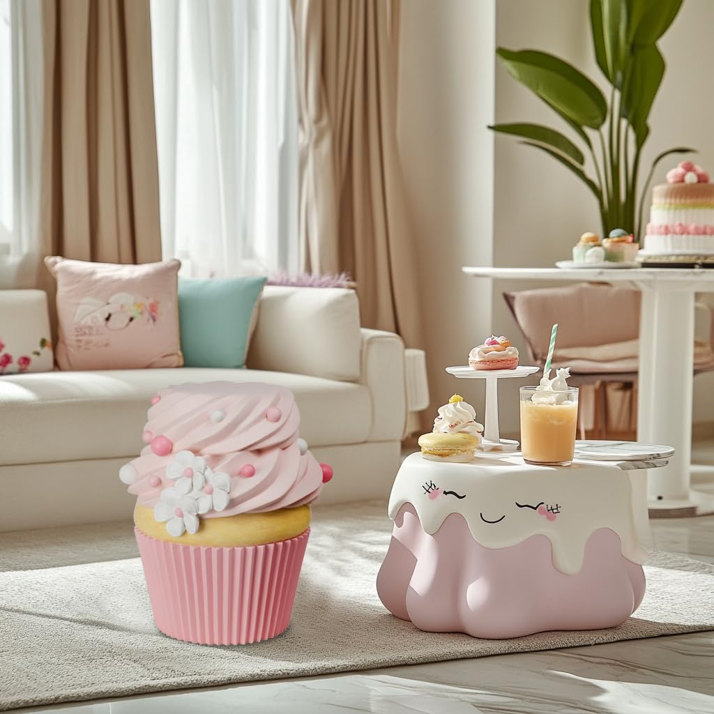 Food Stool Simulated Cupcake Chair - Resin Fun Decorative Furniture, Low Shoe Changing Stool, Pink Changing Seats for Hallway Office Lounge Dorm Room 14.5x15x16IN