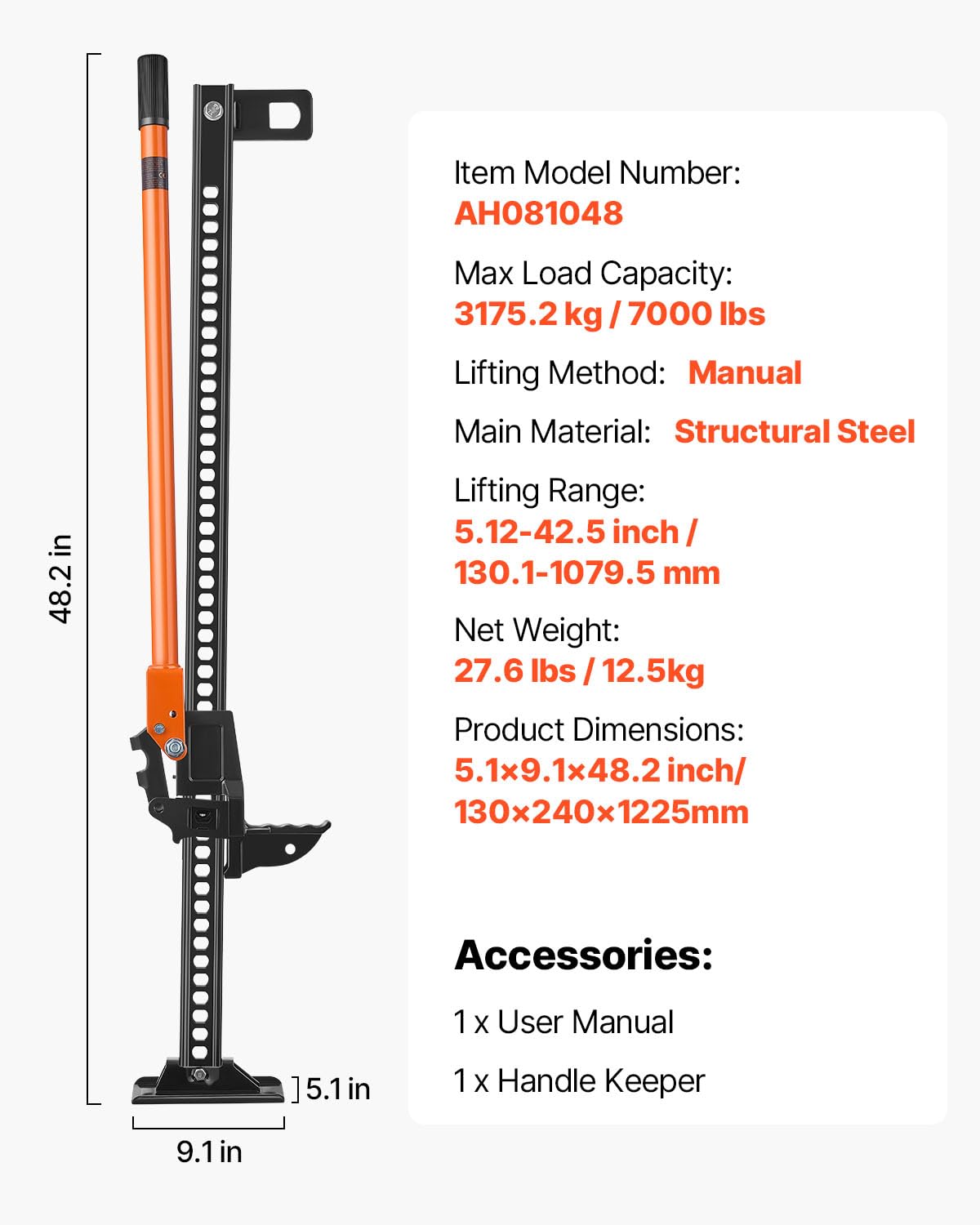 VEVOR Gato Agrícola 122 cm con Elevación Alta y Trinquete Carga Máxima de 3,18 T para Uso Todoterreno de Alta Resistencia con Rango de Elevación de 130,1 a 1079,5 mm para Tractor, Camión, SUV