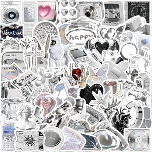 Image of 60PCS Aesthetic Silvery Stickers Y2K Sticker for Teens Adults Vinyl Waterproof Retro Vintage Stickers for Journaling Water Bottles Laptop Scrapbook Phone (Silvery Sticker)