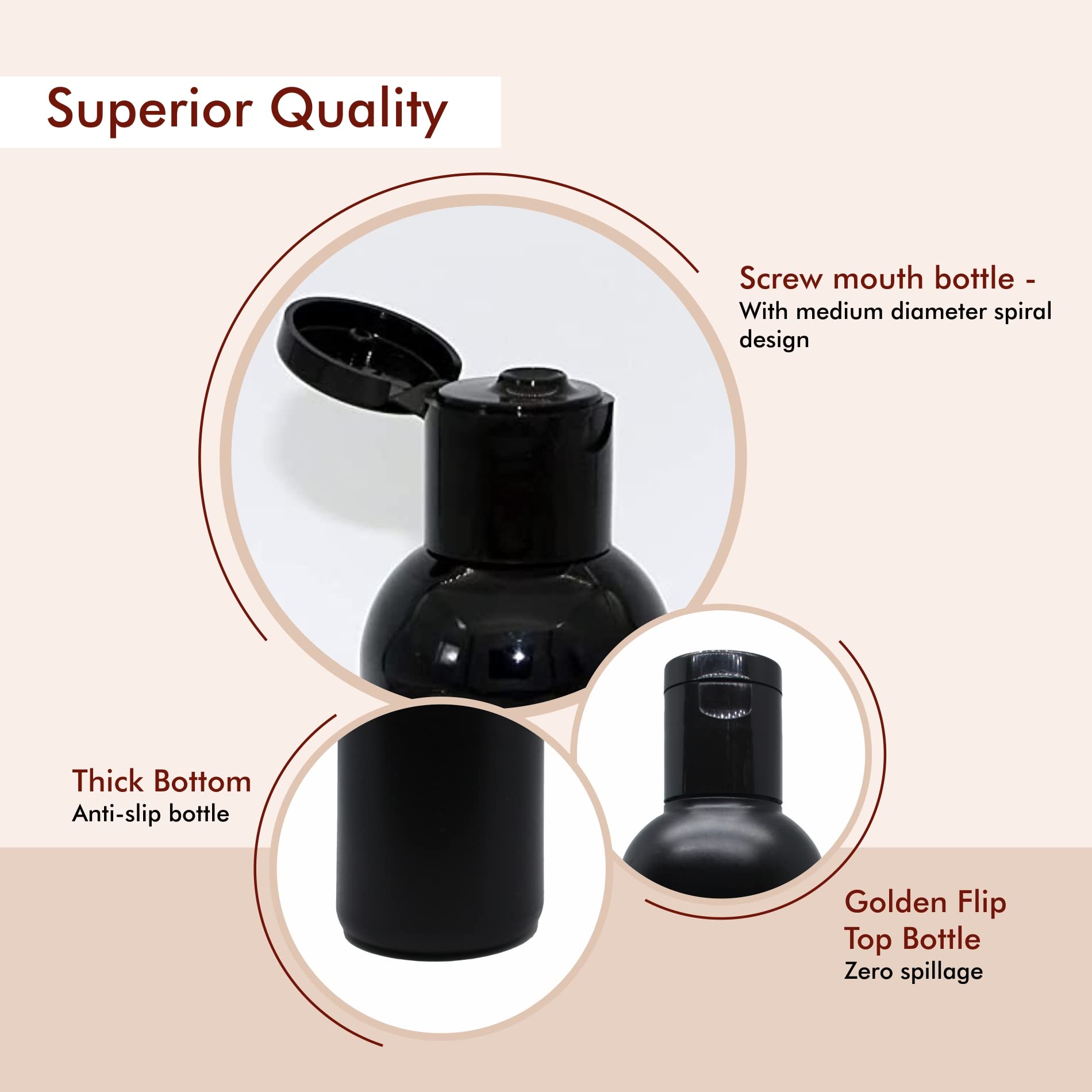 MYOC Empty Black HDPE Bottle with Disc Flip Top Cap Refillable Reusable Cosmetic Container for Lotion Shampoo Oil Toner Serum Conditioner BPA free Leakage proof - 200ml(Pack of 6) 2