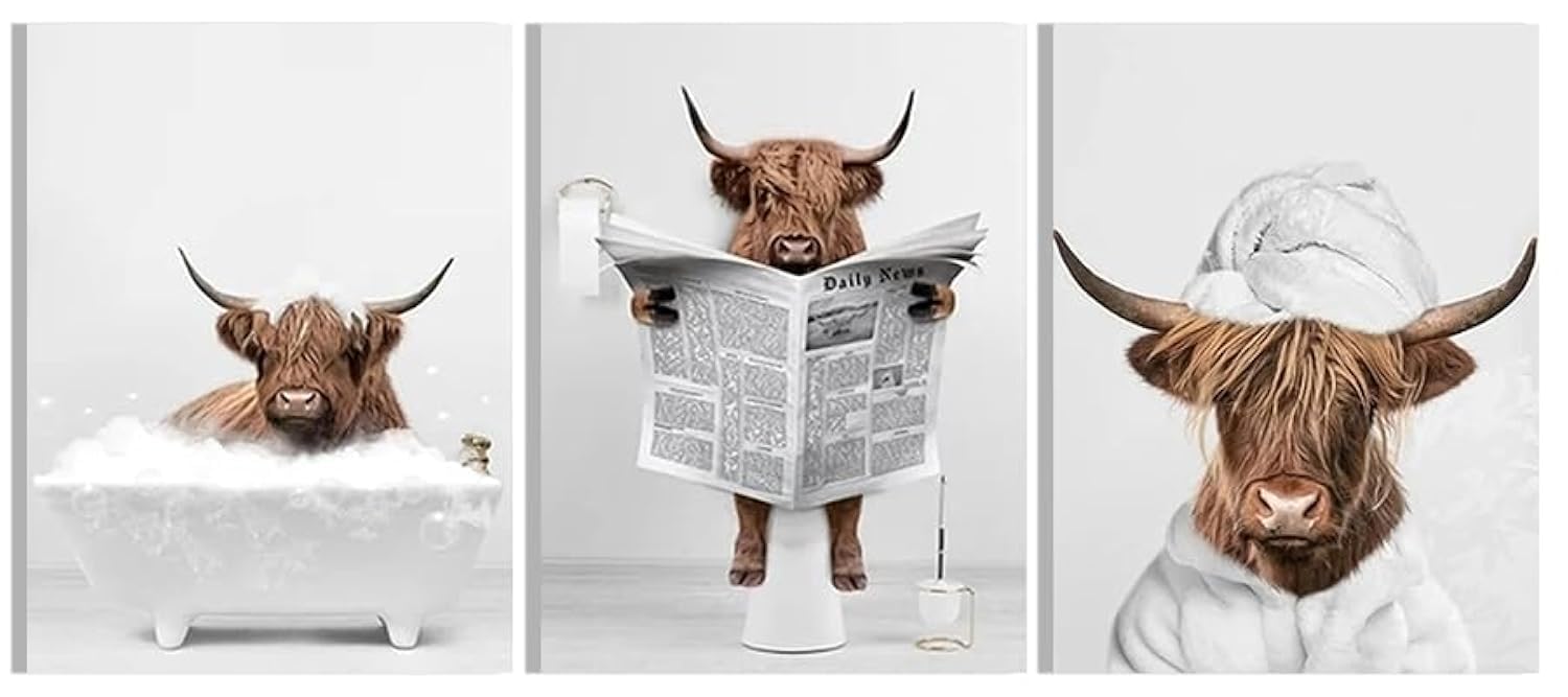 QPLGTU Bathroom Home Background Wall Decoration Poster, Black and White Highland Livestock Animal Decoration Photos Wallpaper