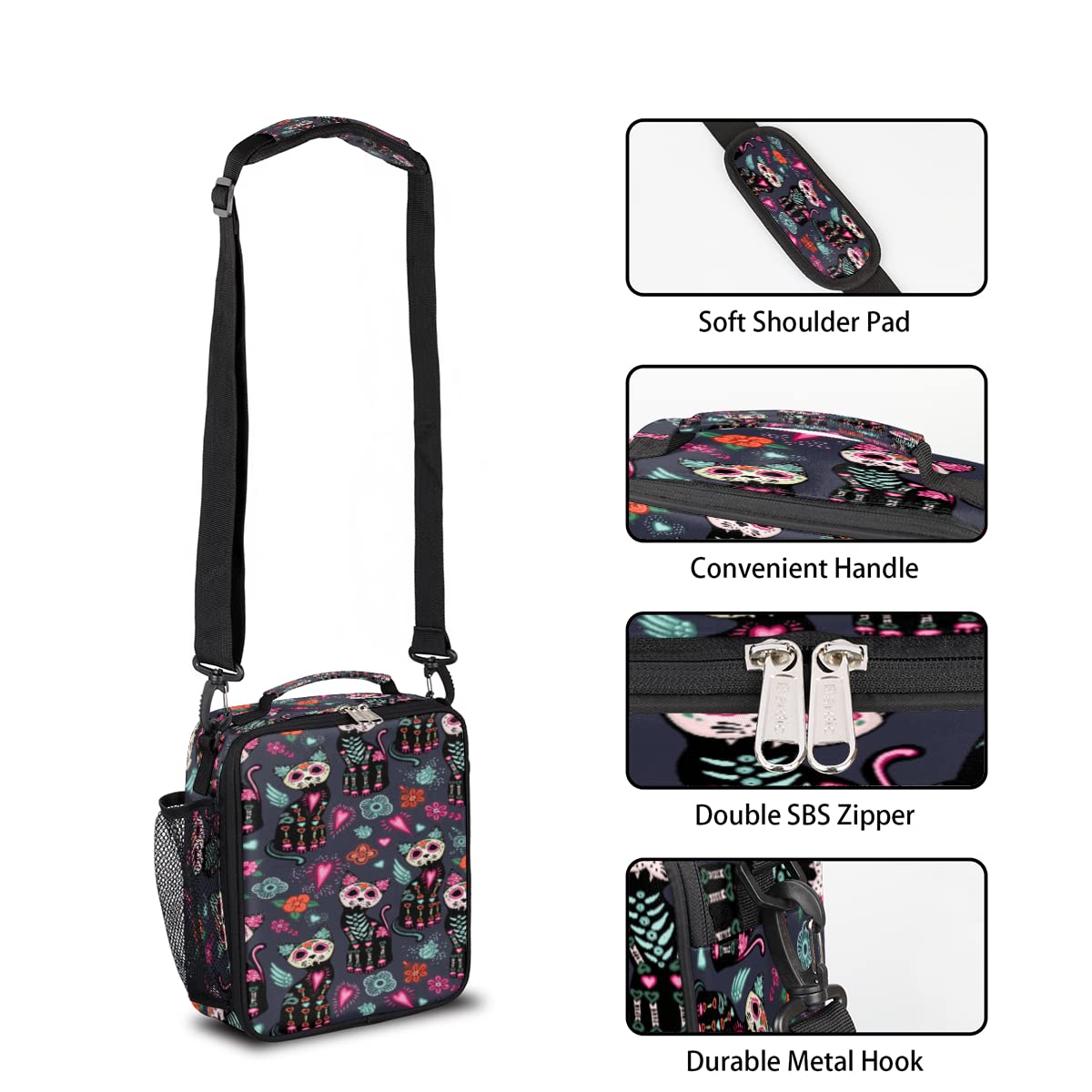 Borsa Termica Pranzo Con Teschio Di Gatto - Lunch Bag Tracolla Per Lavoro E Picnic