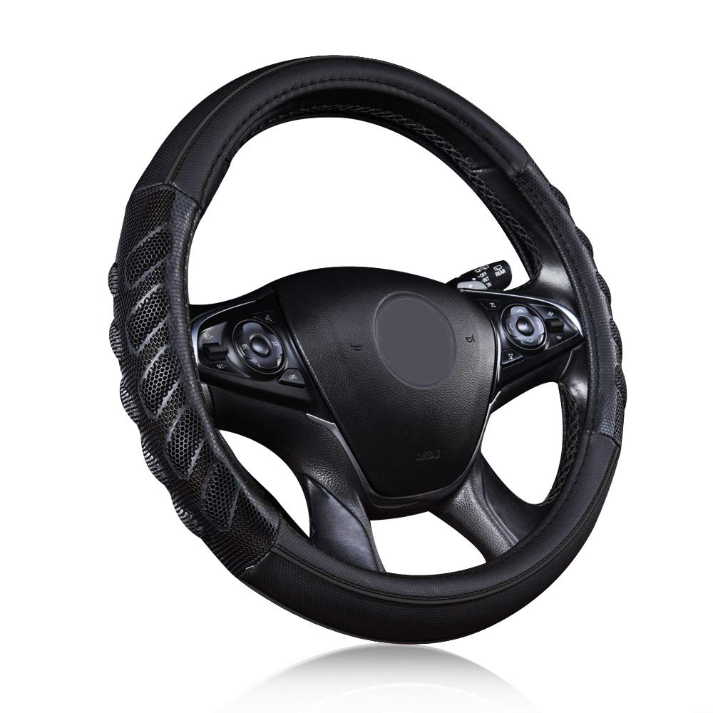 Flying Banner car Steering Wheel Cover Faux Leather Massage Universal fit 3D Honeycomb Hole Anti-Slip Sporty 15 Inches (Black Black)