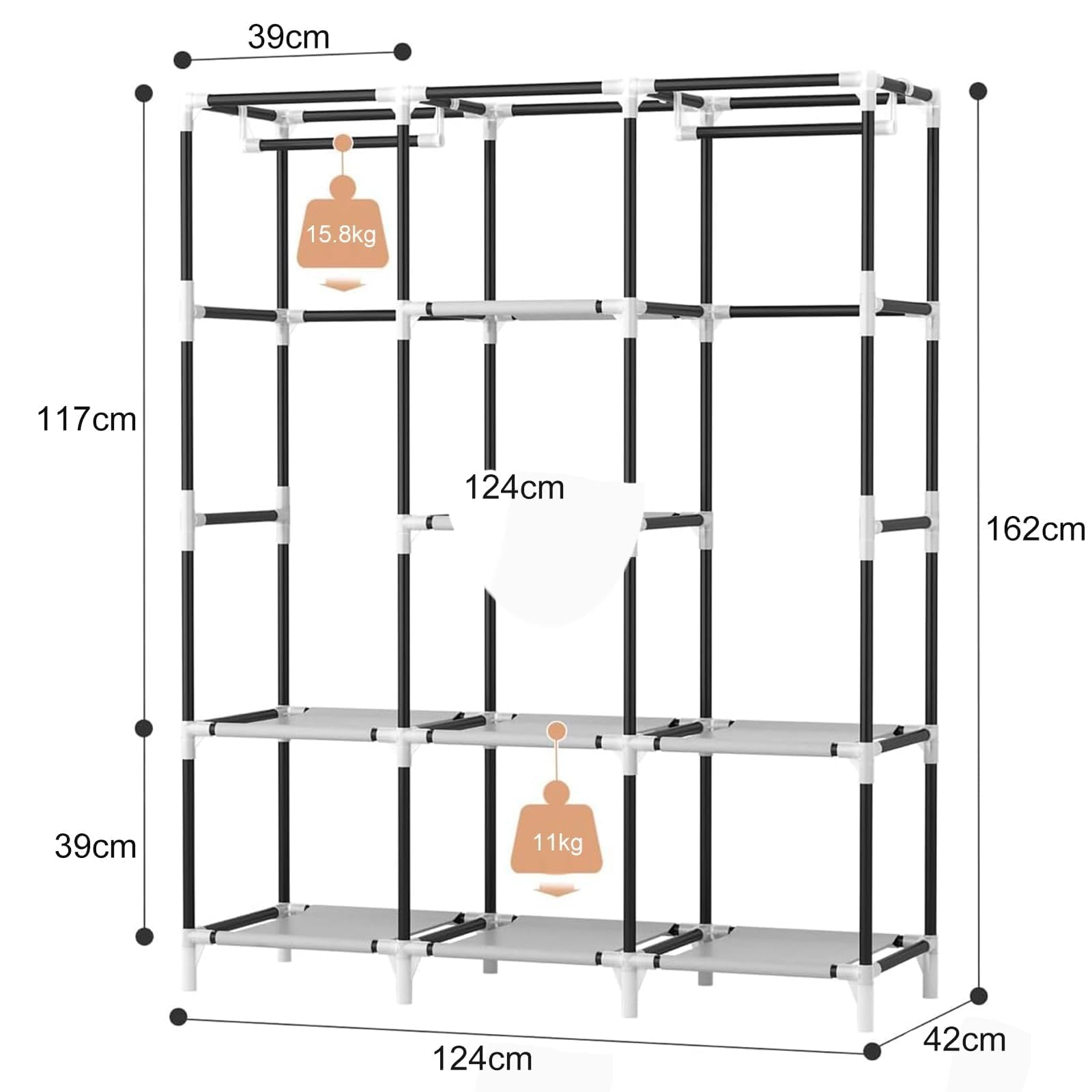 Vicye Armario de Tela para Ropa Plegable, Organizador Ropero con 2 Barra para Colgar, 8 Estantes y 4 Bolsillos Laterales, Marcos Metálicos, Gran Capacidad (Gris 124 x 42 x 162 cm)
