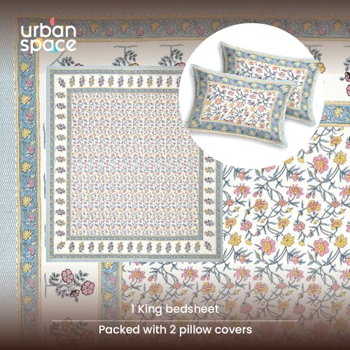 Image of Urban Space 100% Cotton Jaipuri Handblock Printed King Size Bedsheet with 2 Pillow Covers, 200 TC Cotton King Bedsheet (105 x 105 Inches, Jagmandir Blue)