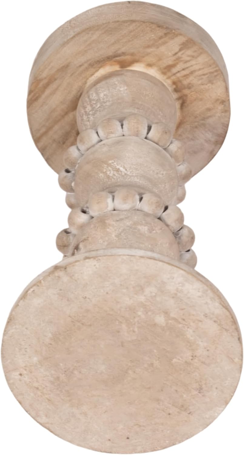 Decorative Wooden Pillar Candle Holder with Bead Banded Accent - Stylish Antique Style Candlestick Holder for Table Centerpiece or Entryway Decor - Home Decor Accent for Living Room - 11" Ivory & Tan