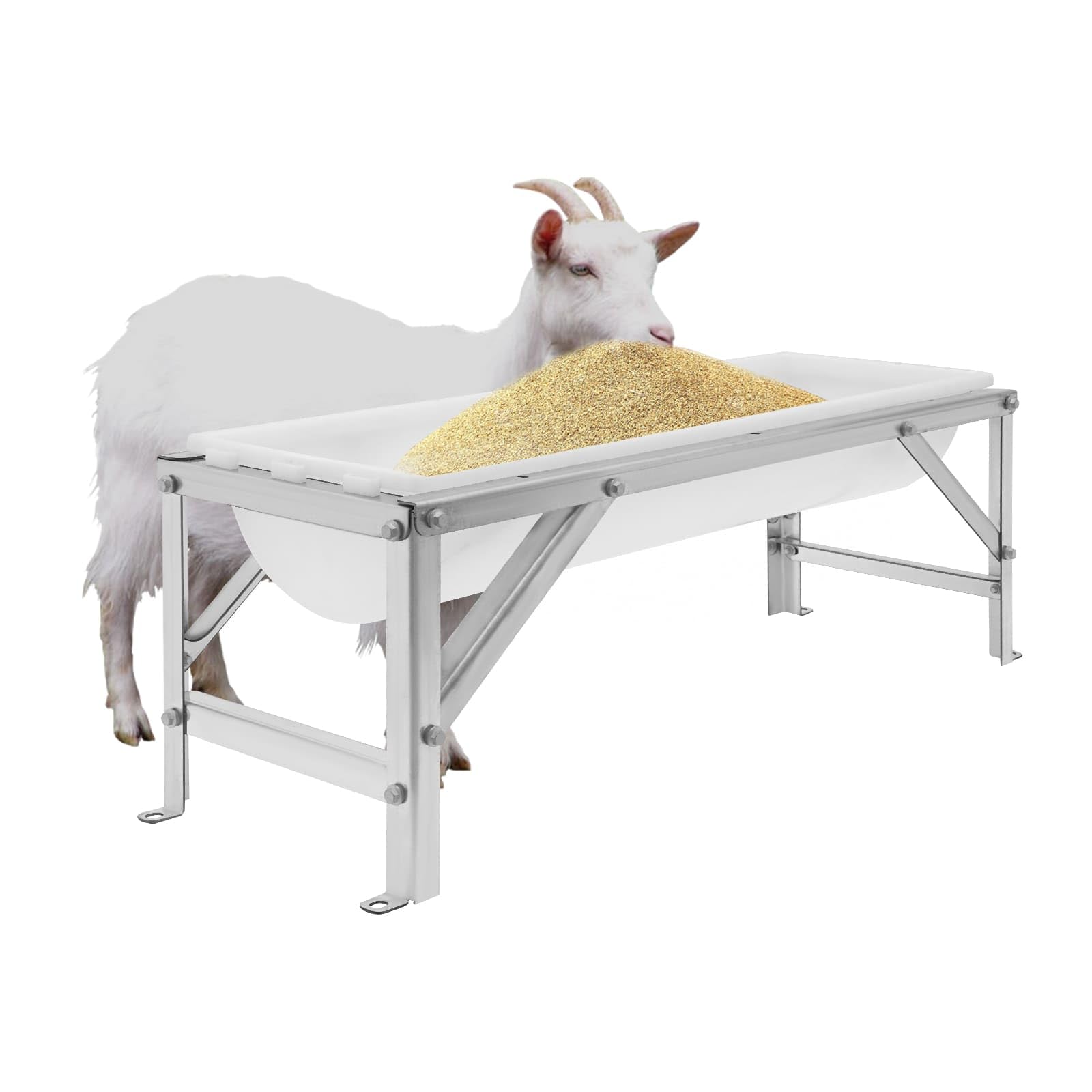 Comedero para Ganado con Soporte metálico de 99 cm de Largo y Gran Capacidad para corderos, Potros, terneros, ovejas, Caballos, Alpacas y Cabras en la Granja (Plateado + Blanco).