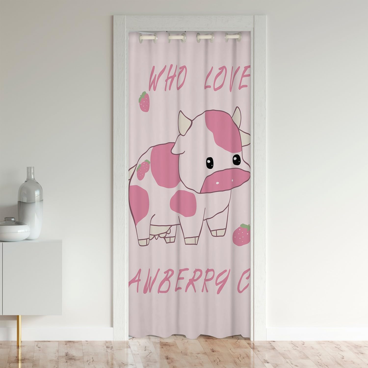 Cute Milk Cow Door Curtain for Kids Pink Strawberry Closet Door Cover for Bedroom Living Room Set for Girls Farm Animals Doorway Privacy Cartoon 106x203cm