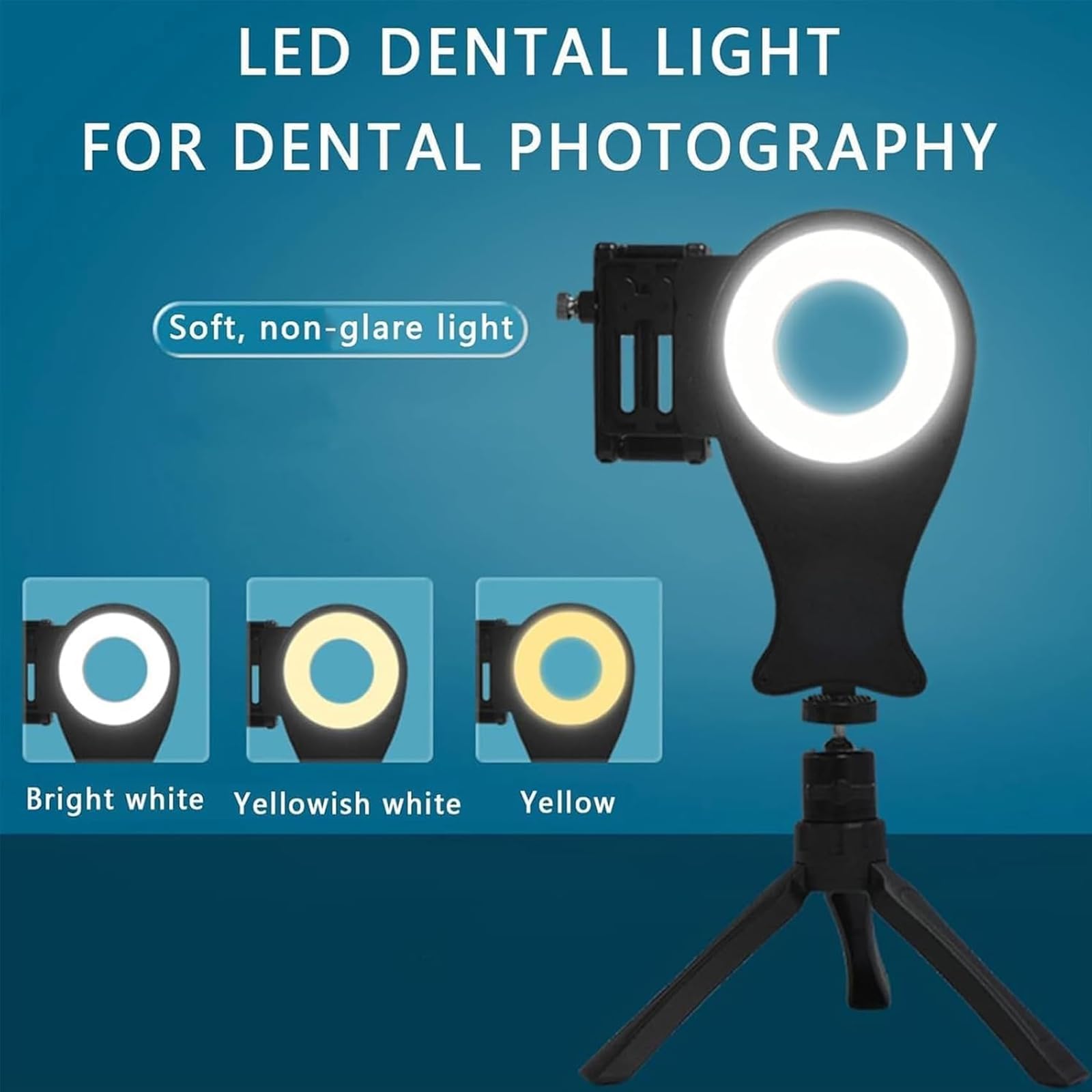 Luce per fotografia dentale con treppiede, luce di riempimento a LED regolabile a 360°, temperatura colore 3800K-6200K e controllo della luminosità per cliniche e ospedali