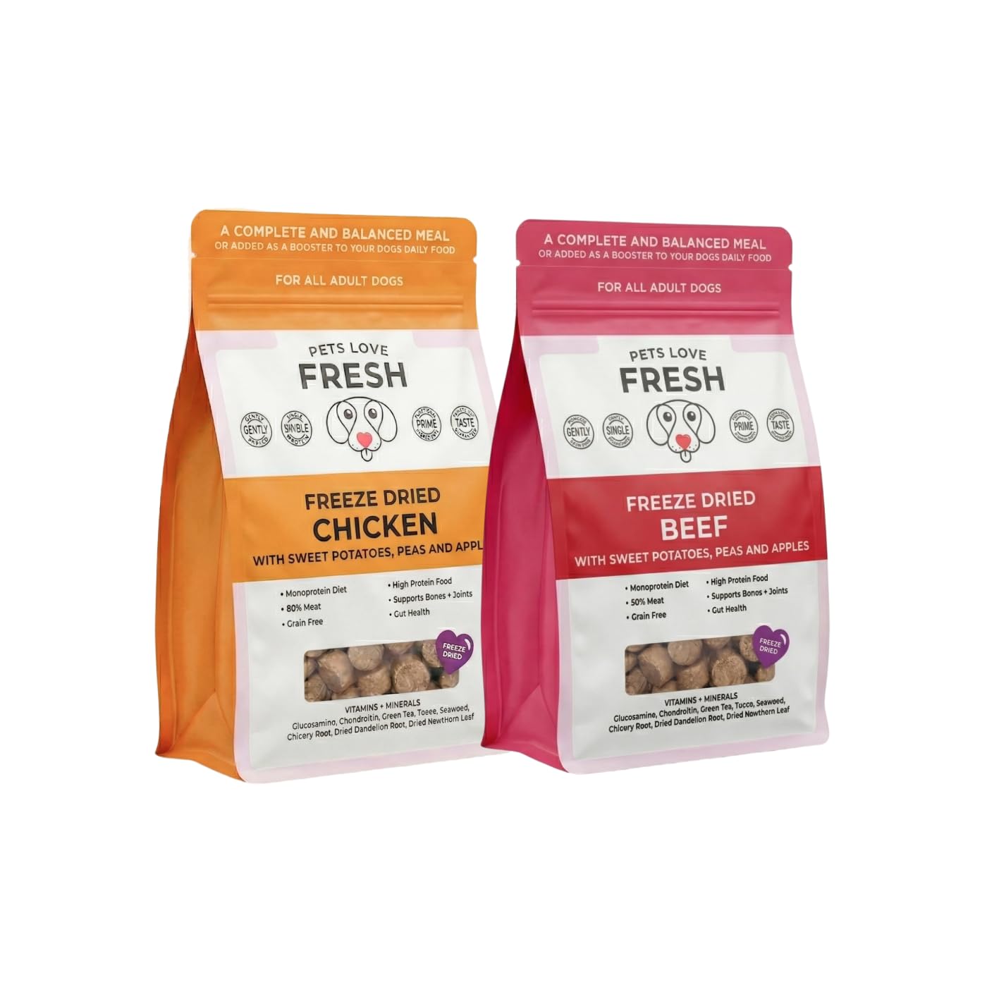 Freeze Dried Complete Dog Food Variety Pack | Chicken and Beef, Sweet Potato, Peas & Apple | Grain Free Single Protein Dog Food | High Protein Complete & Balanced Meal | 300g