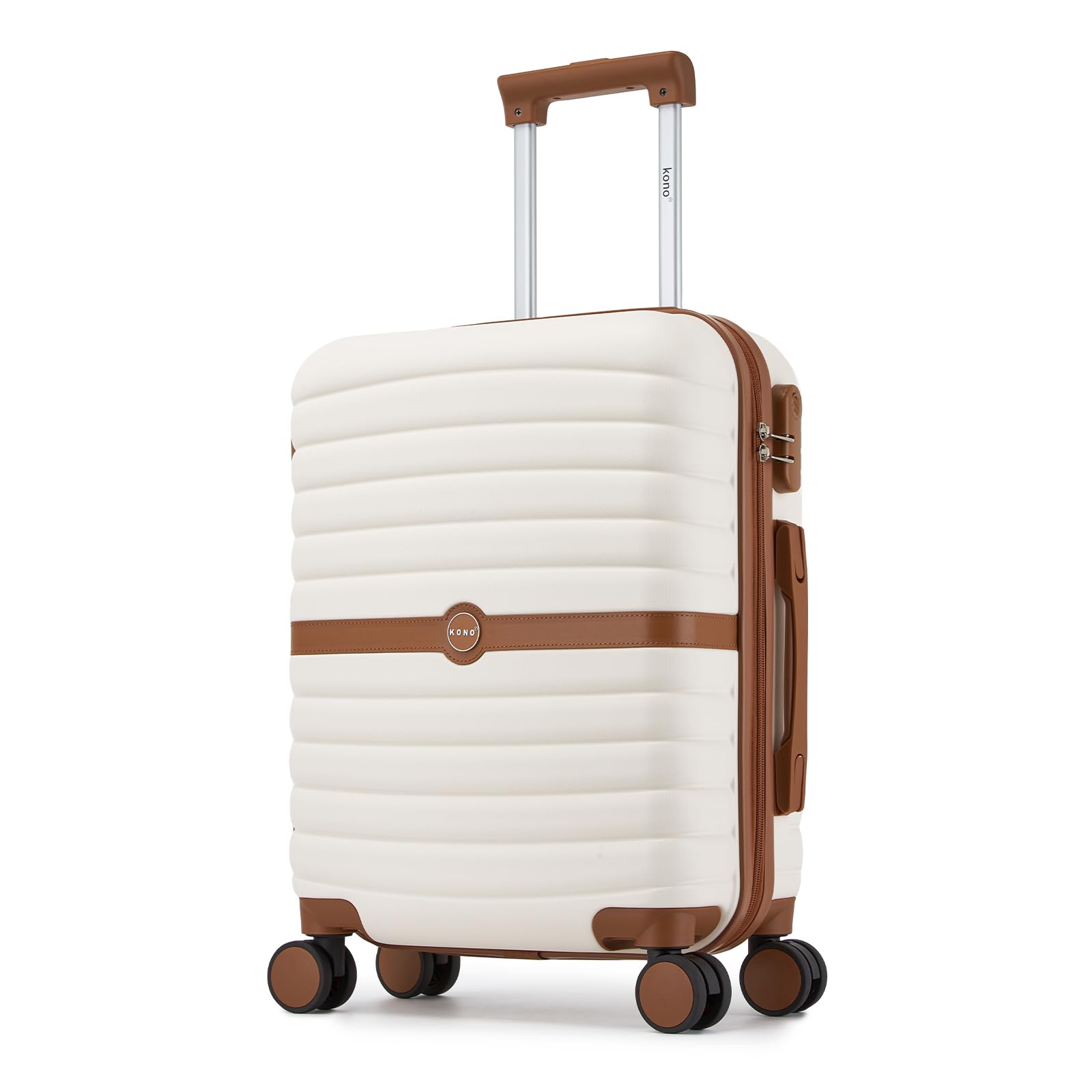 KONO Handgepäck Koffer 55x40x20 cm, Hartschalenkoffer aus ABS+PC, Leichter Reisekoffer mit 4 Rollen, Zahlenschloss und Teleskopgriff für Flugreisen (Creme/Braun)