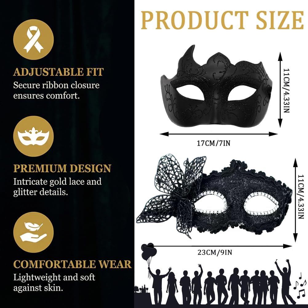 Spiritzohic Masquerade Masks for Women Men 2PCS Venetian Mask for Couple Party Half Face Carnival Masks Lace Masque Cosplay Costume Mask for Fancy Dress Ball,Carnival Party,Masked Ball(Black) - Image 2