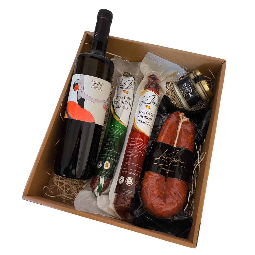 Cesta Gourmet "Livia" - Vino Blanco Verdejo, Embutido y Morcilla | Vino blanco Verdejo, velitas de chorizo y salchichón ibérico, morcilla patatera y crema de queso de oveja. Para regalar.