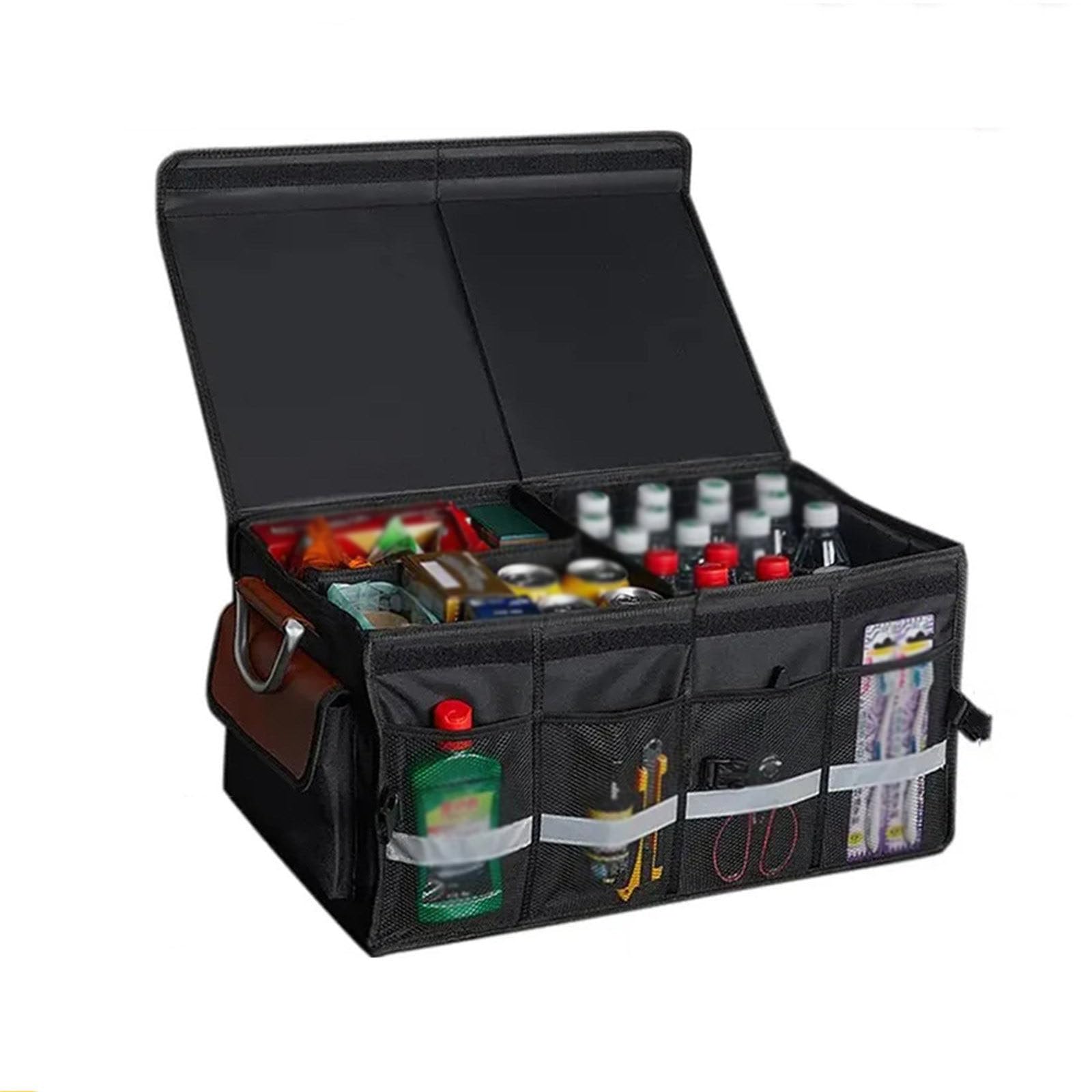 HWYYLXS Caja De Almacenamiento para Maletero De Coche con Tapa: Caja De Almacenamiento Plegable De 3 Compartimentos con Asas De Aluminio Y Tiras Reflectantes para SUV, CamióN Y Coche