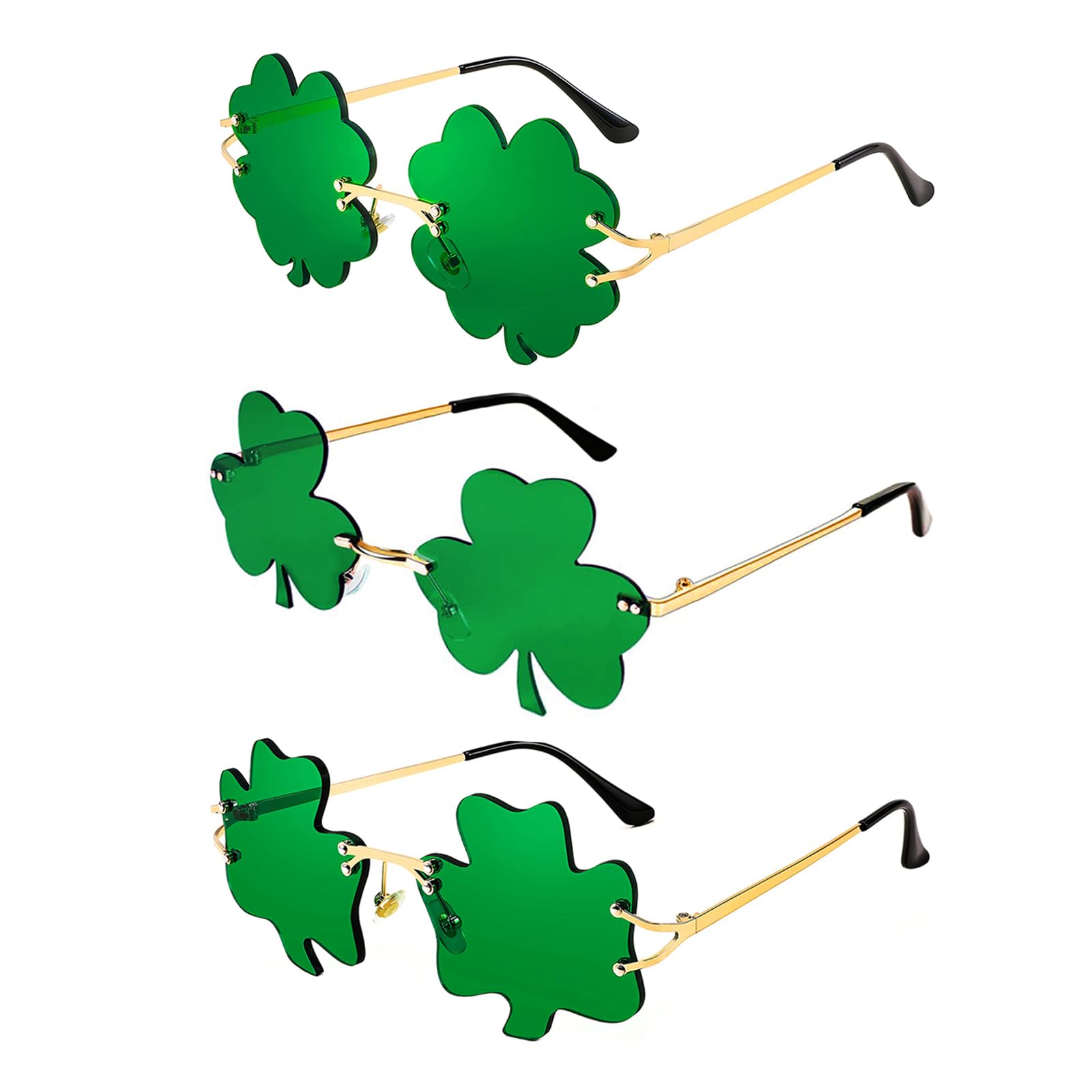 Pibupibu 3 Pack St. Patrick's Day Irish Green Shamrock Sunglasses, Clover Lucky Four Leaf Glasses Leprechaun Costume Accessories