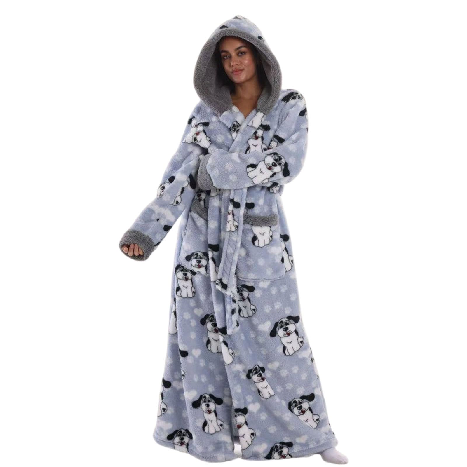 Accappatoio da donna con cappuccio con divertente stampa a cartoni animati per accoglienti serate invernali, con cintura per legare, pratiche tasche, ideale per ore di relax in casa, abbigliamento