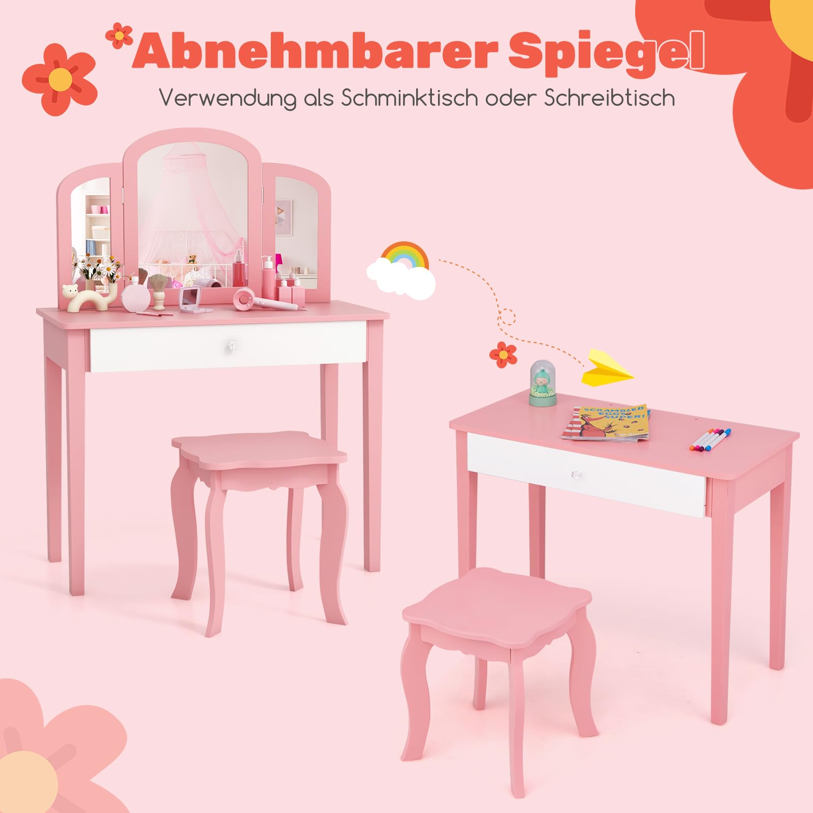 DREAMADE Schminktisch Kinder mit Hocker und abnehmbarem Spiegel,Prinzessin Frisiertisch, Frisierkommode, Kosmetiktisch, Kinderschminktisch mit Kiefernholz-Beine für Kinder Mädchen (Rosa)