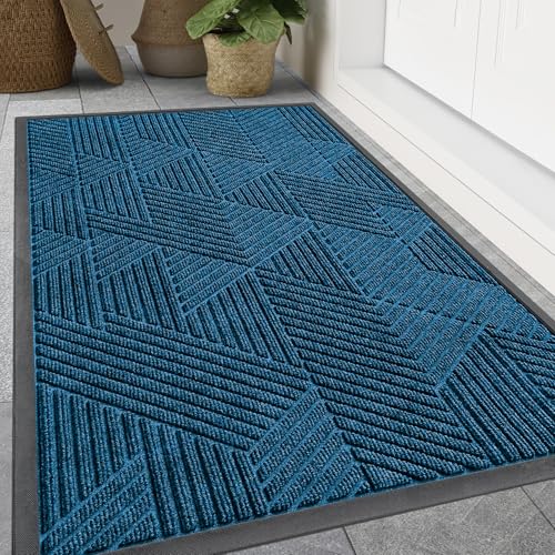 Image of Smiry Front Door Mat Outside Entrance, Heavy Duty Sturdy Natural Rubber Doormat, Trap Dirt and Moisture, Easy Clean Low Profile Mats for Indoor Outdoor Entry, Irregular Triangle (47x32, Mixed Blue)