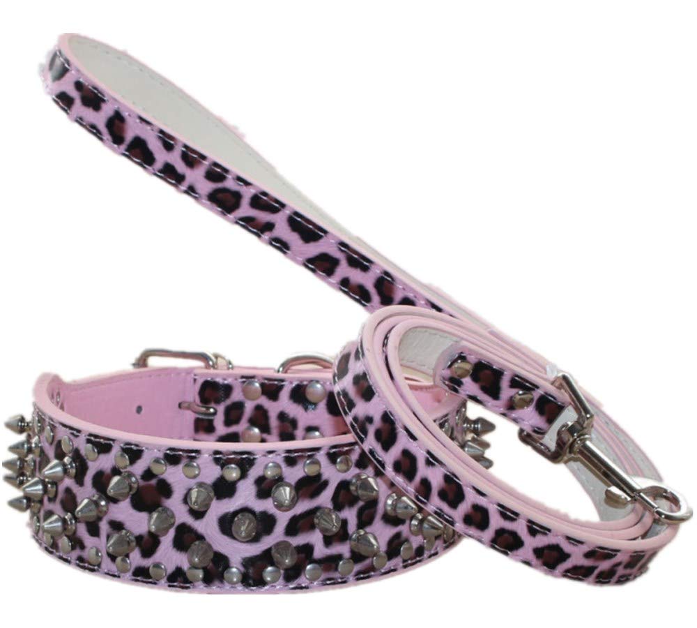 Juego de 2 Collares y Correa para Perro con Tachuelas de espigas, Elegantes Collares de Piel para Perros para Perros medianos y Grandes Pitbull Husky Mastiff Terrier