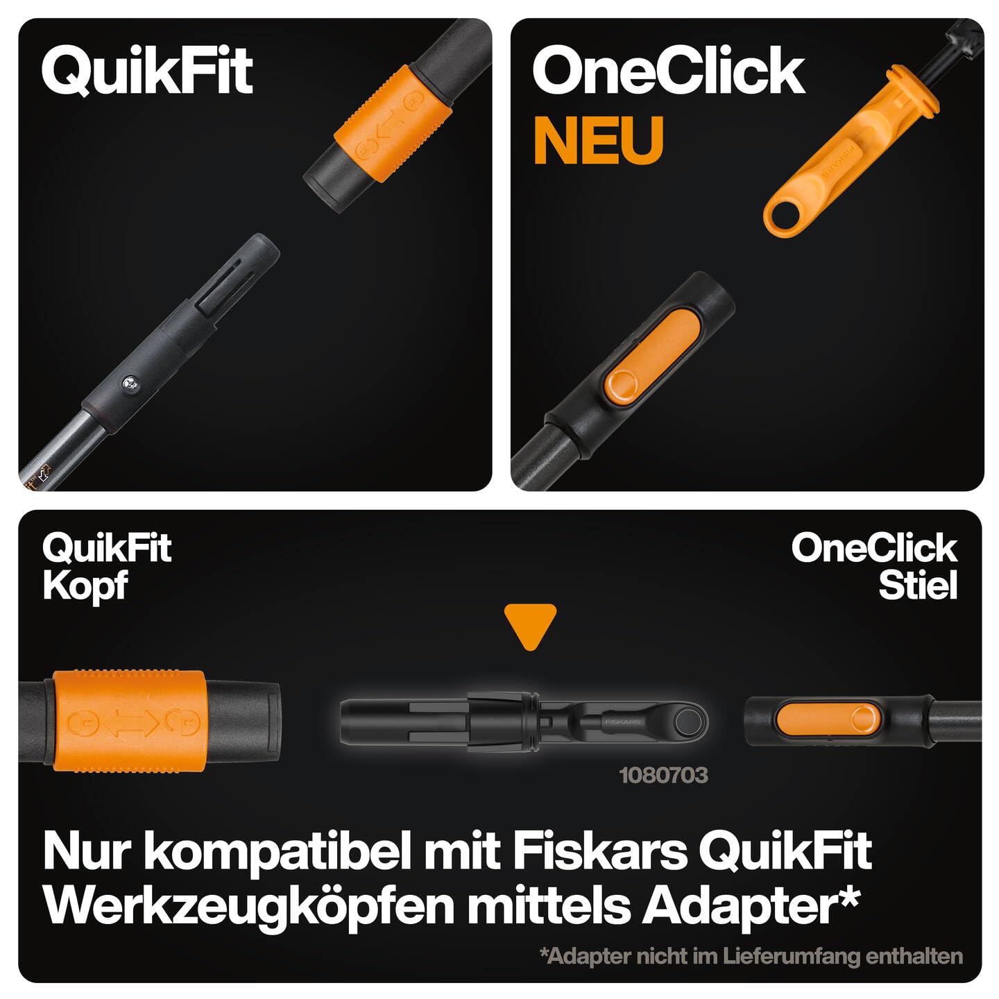 Fiskars OneClick Teleskopstiel M, Ausziehbarer Stiel von 119 bis 179 cm, Müheloses Wechseln mit nur einem klick, QuikFit Adapter separat erhältlich, SoftGrip-Griff, Aluminium, Schwarz/Orange, 1080671