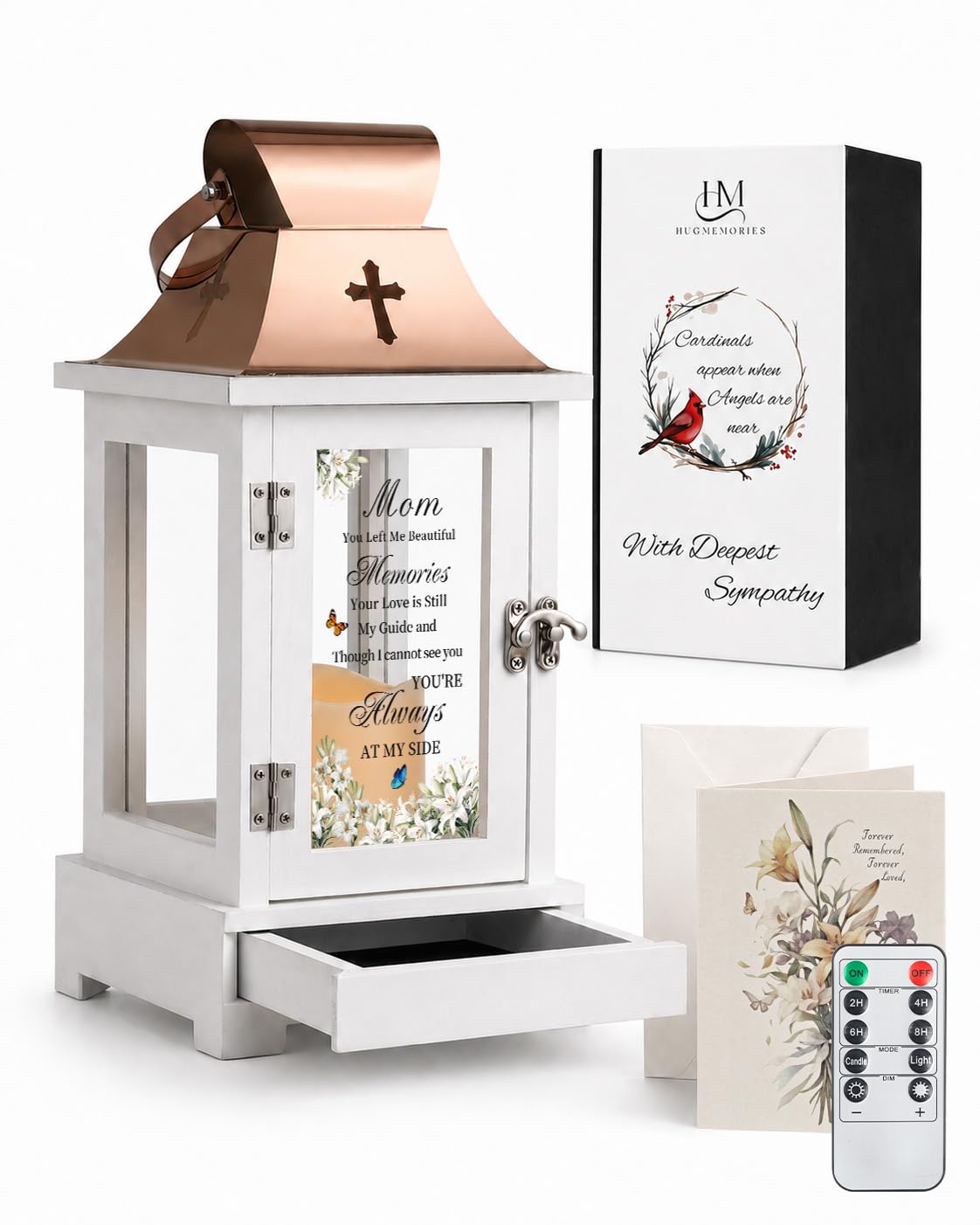 HugMemories Memorial Gifts for Loss of Mom, Memorial Lantern with Drawer for Keepsakes, Loss of Mother Sympathy Gifts, Bereavement Gifts in Memory of Mom