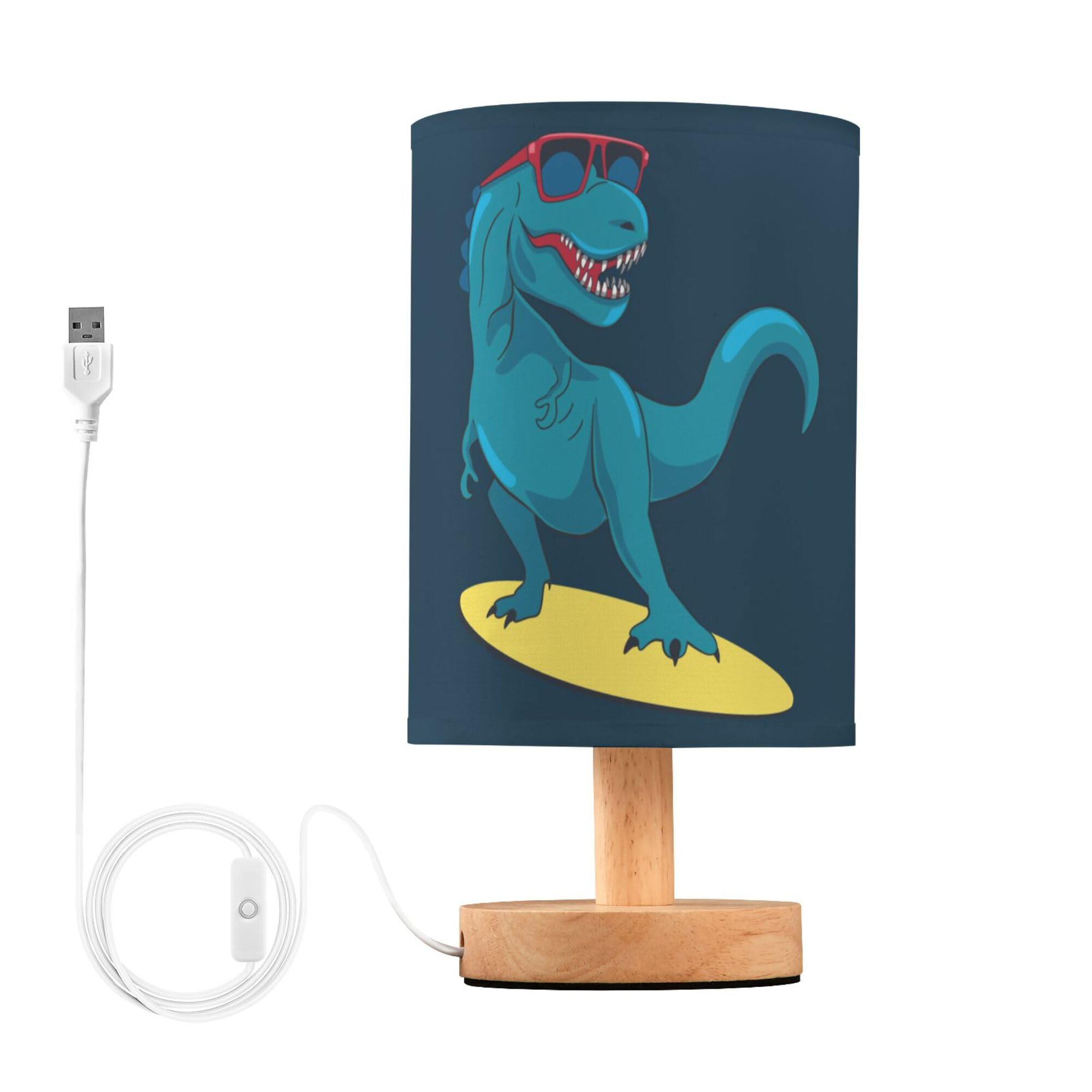 YYZZH Table Lamp Cartoon Dinosaur Surfer Nightstand Lamp with Wood Base Fabric Lamp Shade Bedside Desk Lamp for Living Room Bedroom Kids Room Office