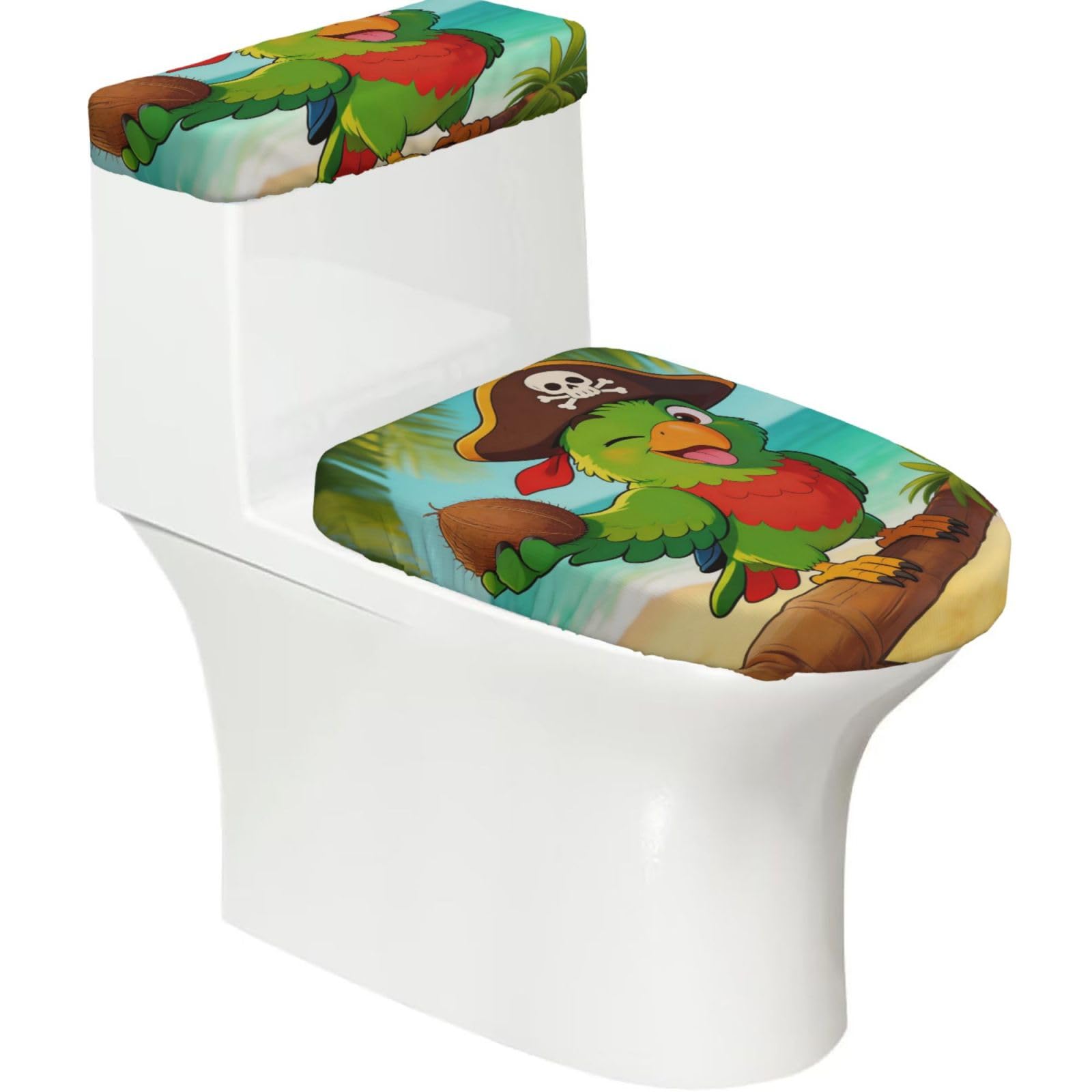 Parrot Elastic Toilet Cover Set of 2-Stretchy Lid and Tank Covers for Bathroom, Soft Washable U Shape Toilet Decor