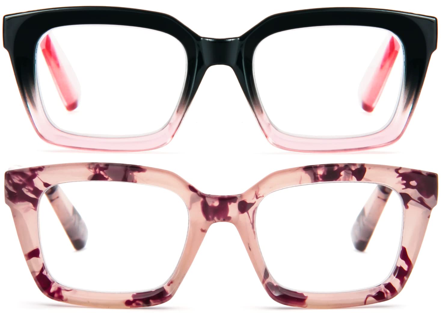 REAVEE 2 Pack Oprah Style Oversized Reading Glasses for Women Men Blue Light Blocking, Ladies Stylish RetroSquare Large Computer Readers (Black Pink/