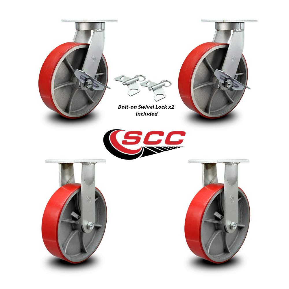 10 Inch Swivel Top Plate Caster Set Extra Heavy Duty Casters with Red Poly on Cast Iron Wheels - Includes 2 Swivel with Brakes and Bolt on Swivel Locks and 2 Rigid - Set of 4 - Service Caster Brand