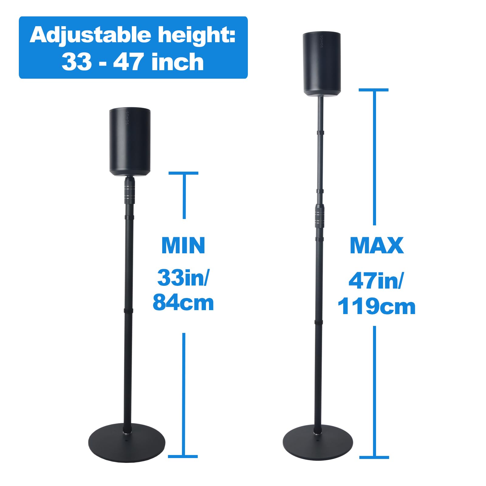 Lautsprecherständer für Sonos Era 100 oder Era 100 SL, höhenverstellbar von 84 cm bis 120 cm, einfache Selbstmontage, HD-628, 2er-Pack, schwarz