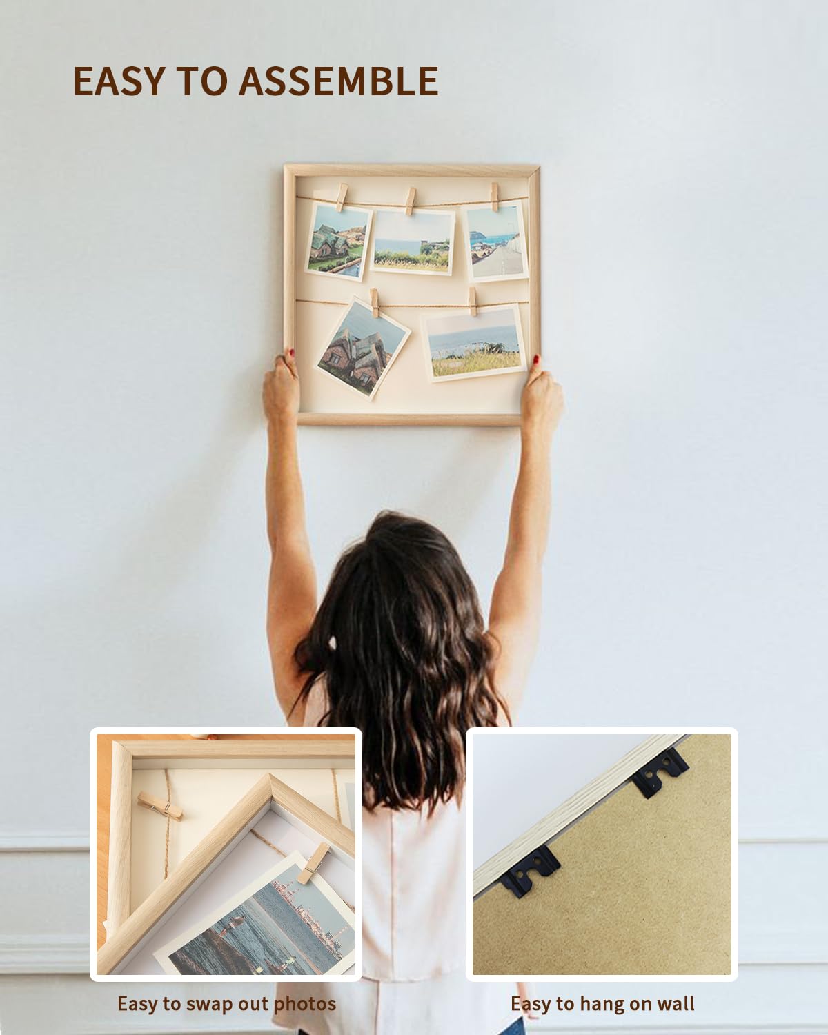 Bois Pele Mele Porte Photo Mural avec 2 Suspension Cordes et 7 Pinces, Cadre Images Collage Décoration Maison