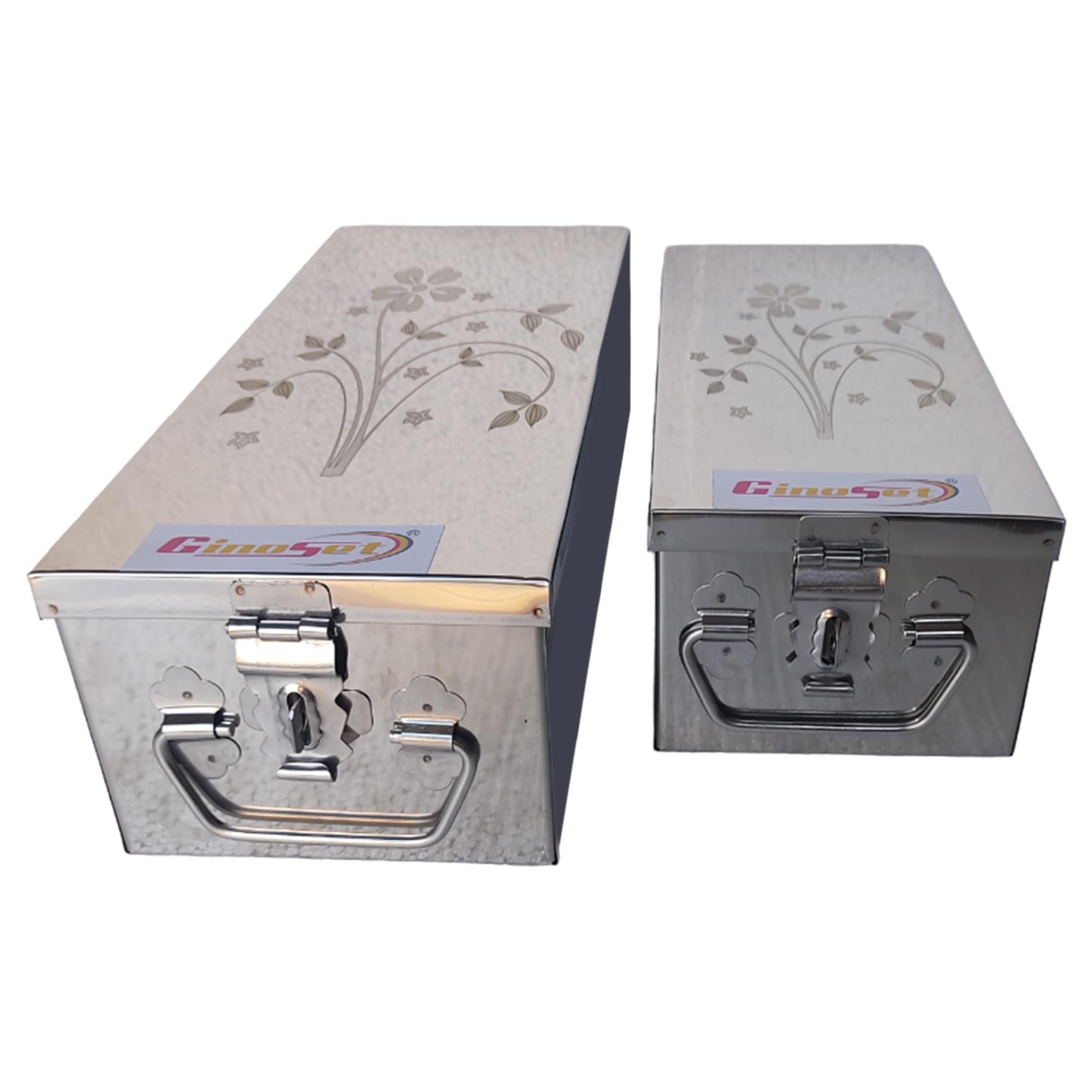 GinoSet® Stainless Steel Locker Boxes Jewellery Boxes Cash Peti Set (Multi_Pack of 2) Size - 8 Inch, 10 Inch With Laser Printed Design (Steel) 2