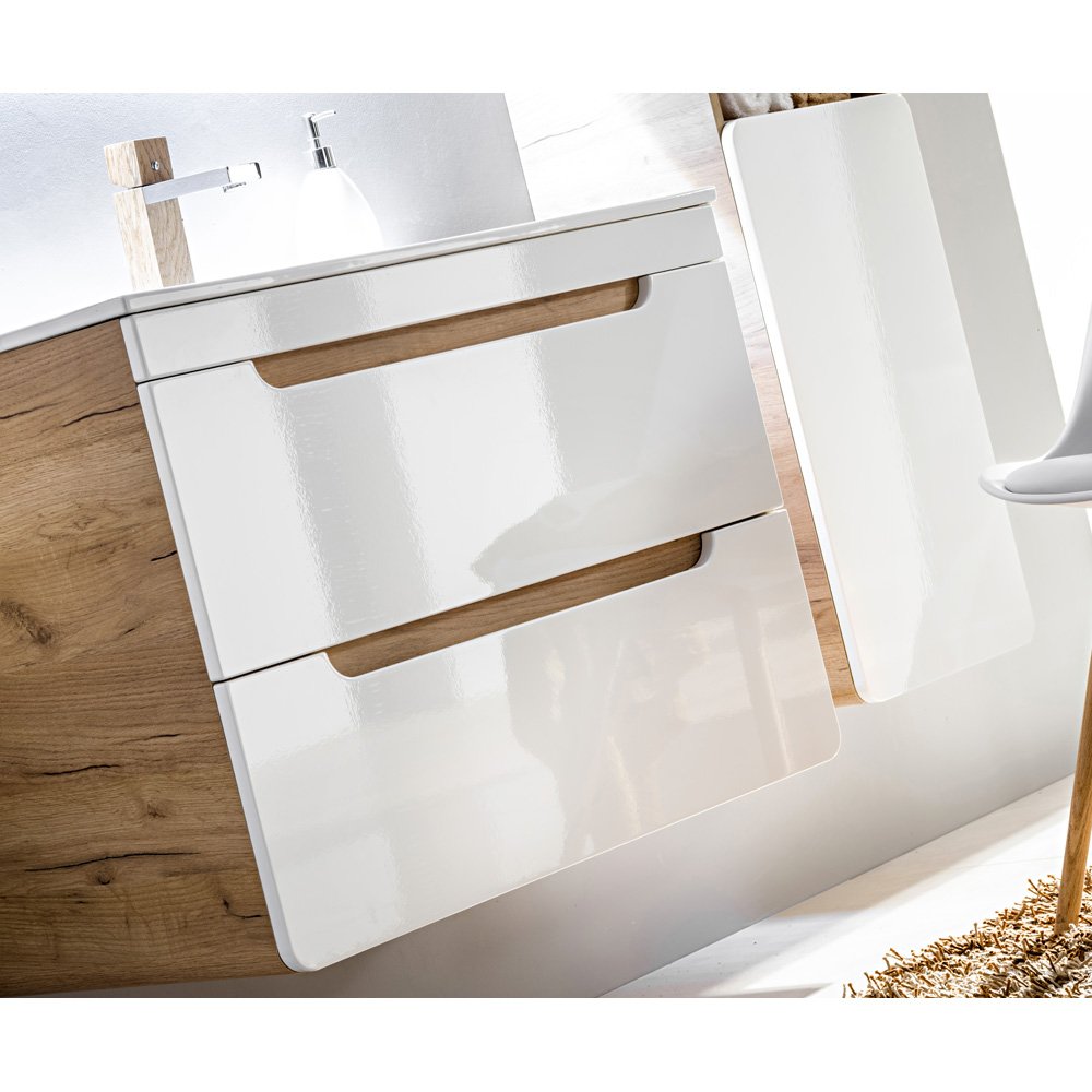 Lomadox Badmöbel Set mit Keramikwaschtisch in Hochglanz weiß mit Wotan Eiche Nb. LUTON-56 mit LED-Spiegelschrank, B/H/T ca. 130/200/46 cm