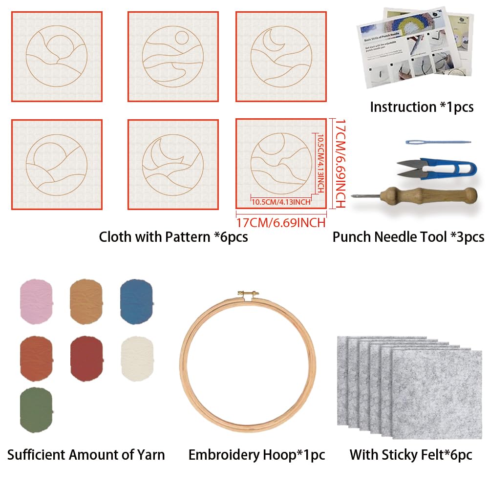 FREEBLOSS 6 Sets Punch Needle Kit Landscape Punch Needle Coaster Punch Embroidery Kit Punch Needle Embroidery Rug Punch Needle Kit Needle Punch Kit Needle Punch Kit for Beginners