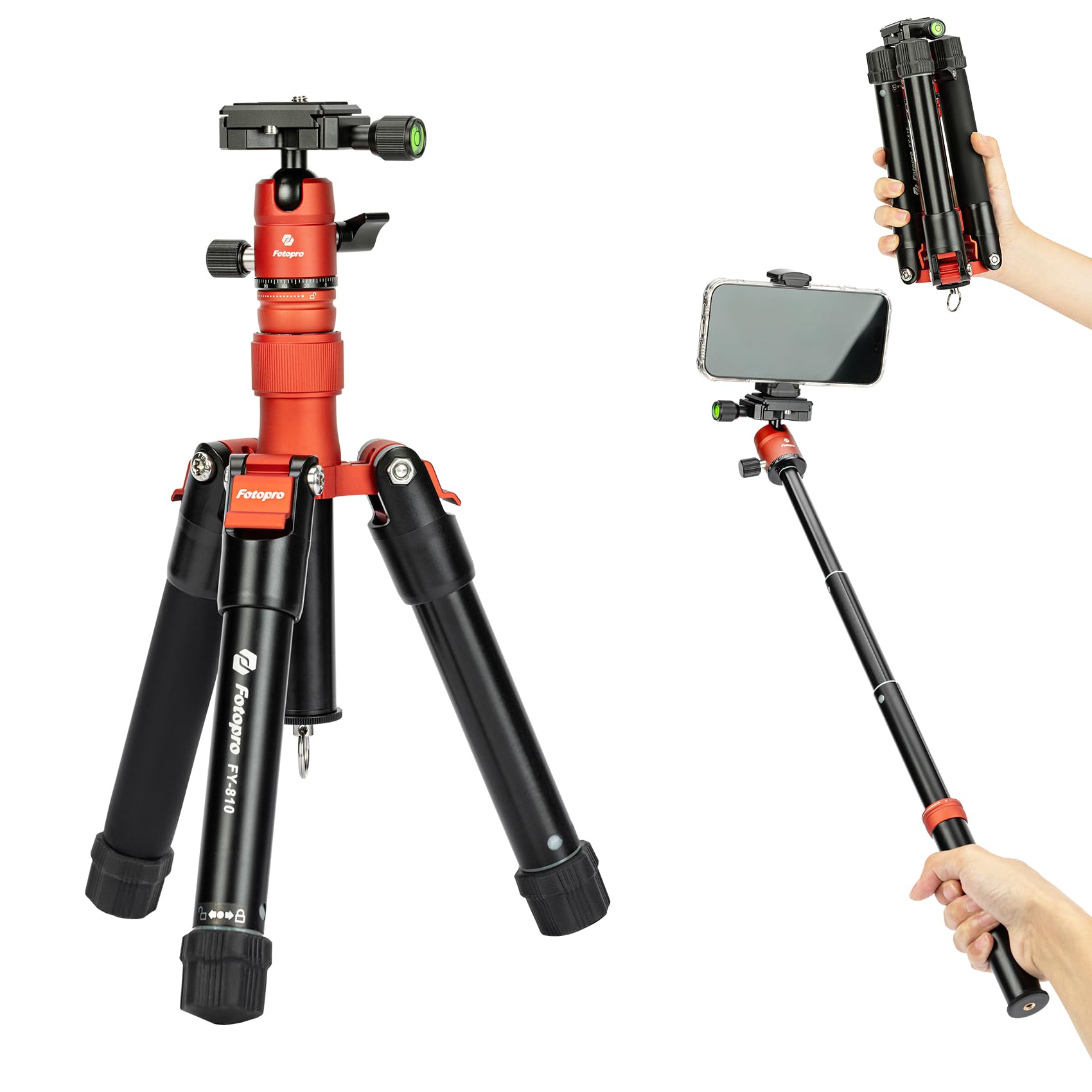 Fotopro Mini trípode con cabeza de bola, soporte para teléfono, palo selfie desmontable, plegado solo 8.6 pulgadas, carga máxima de hasta 6.6 libras, FY-810 naranja