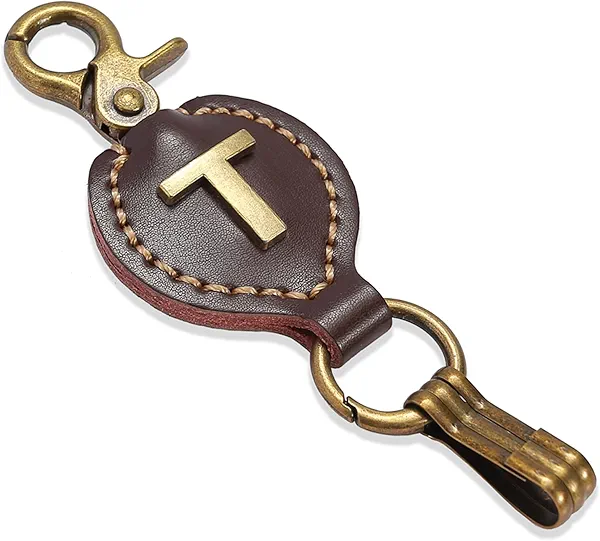 TSUI CHAN Initial Letter Keychain Brown Leather Alphabet Keychain with Easy Clasp, Key Car Key Bag Key Ring for Women Mens