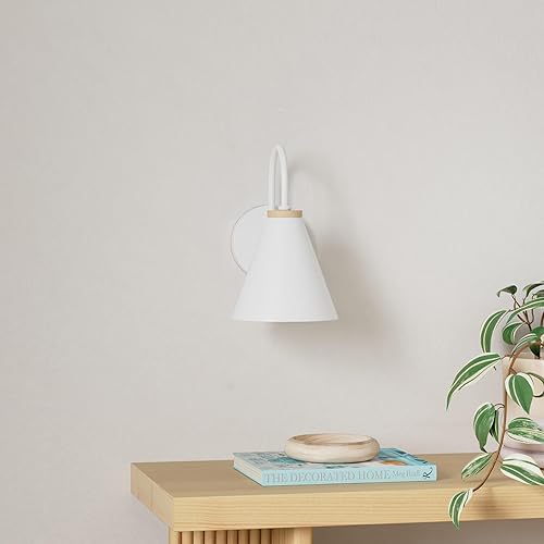 Miniatura 2 de Juego de dos apliques de pared de madera sintética blanca a pilas, fácil de instalar, sin cables, control remoto, temporizador automático, bombilla