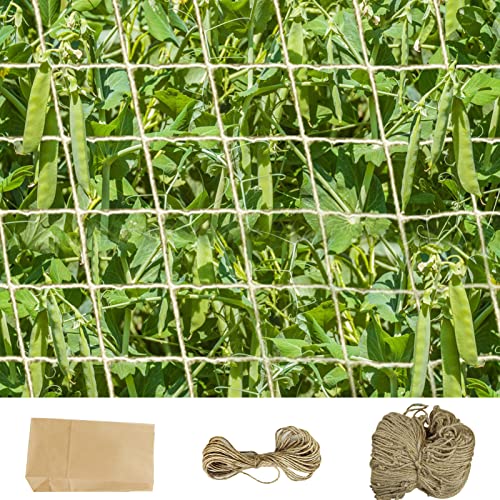 KAZITOO Plant Support Jute Netting for Climbing Plants Sweet Pea Runner Bean Compostable Natural Netting with 10m Twine for Attaching Garden Jute Trellis(1mx5m)