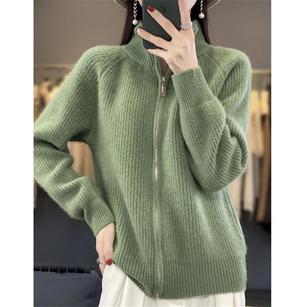 Hndudnff Damen-Strickjacke, Merinowolle, lässiger Rollkragen, Reißverschluss, Kaschmirjacke, Mantel
