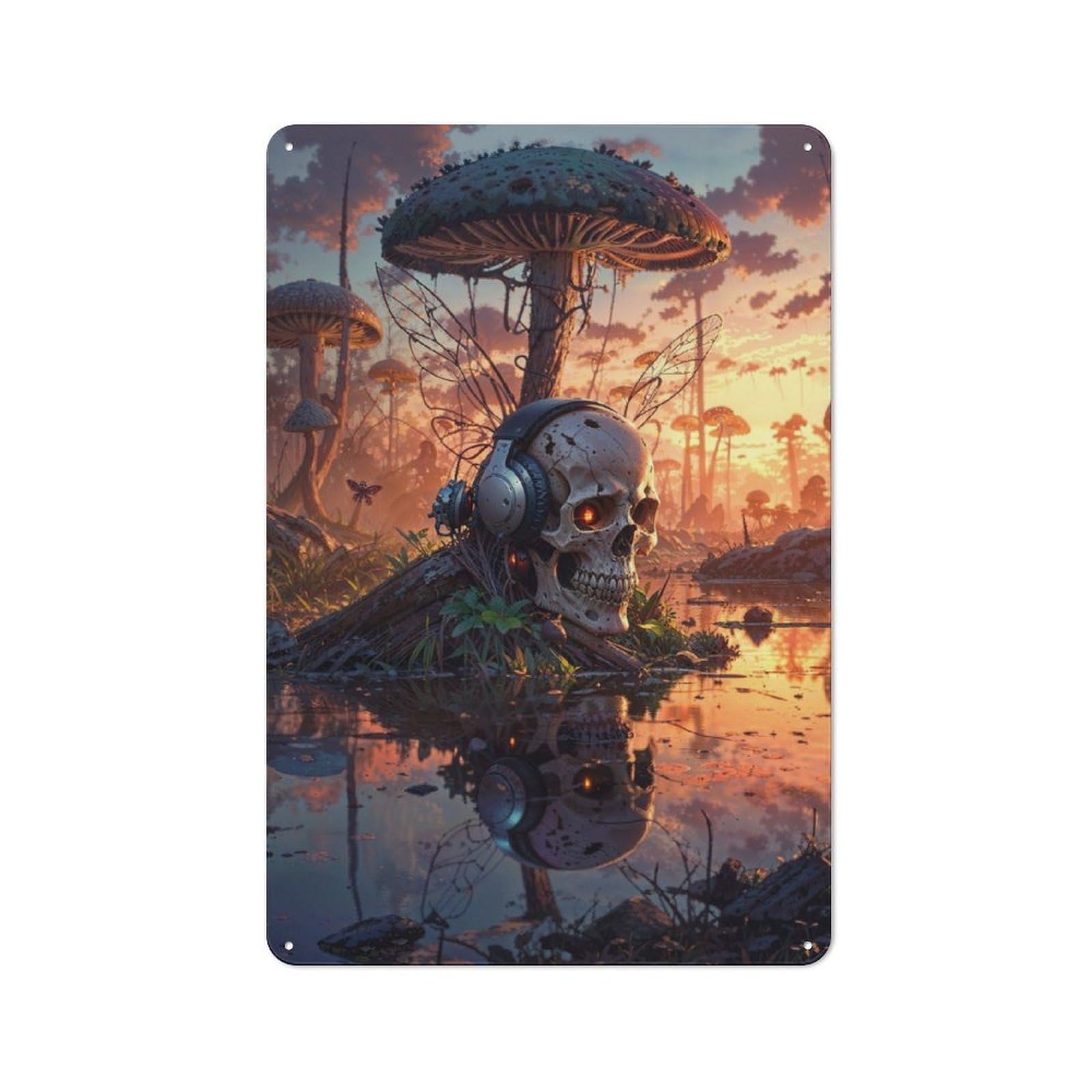 Junmoney Mushroom Swamp Skull Music Vintage Vintage Metal Sign 30X20cm Featuring Restaurant Wall Art For Takeaway, Bar, Kitchen Or Counter Area