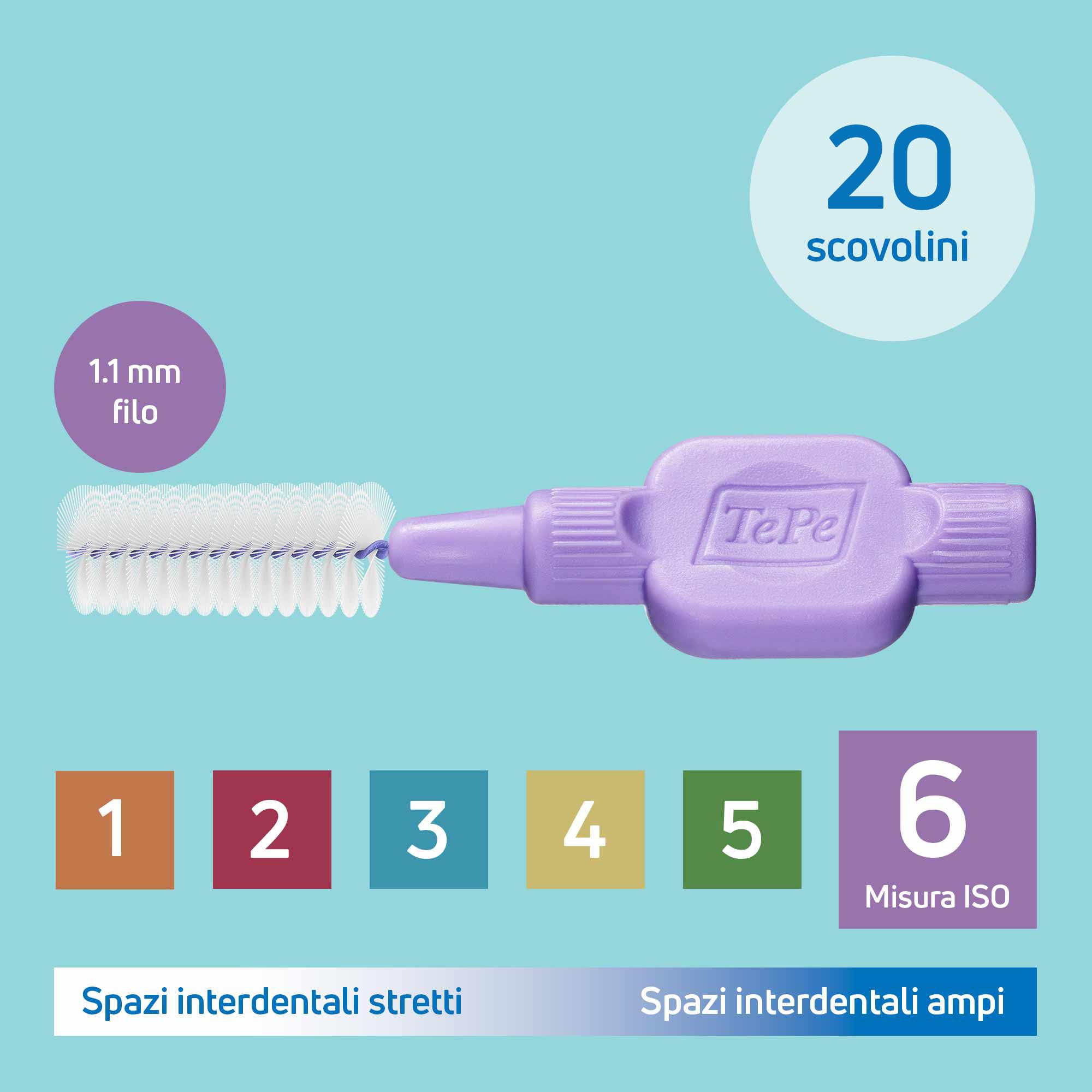 Scovolino TePe, Extra Soft, Viola, 1.1mm/ISO 6, 20pz, rimozione placca, pulizia interdentale efficace, per spazi larghi