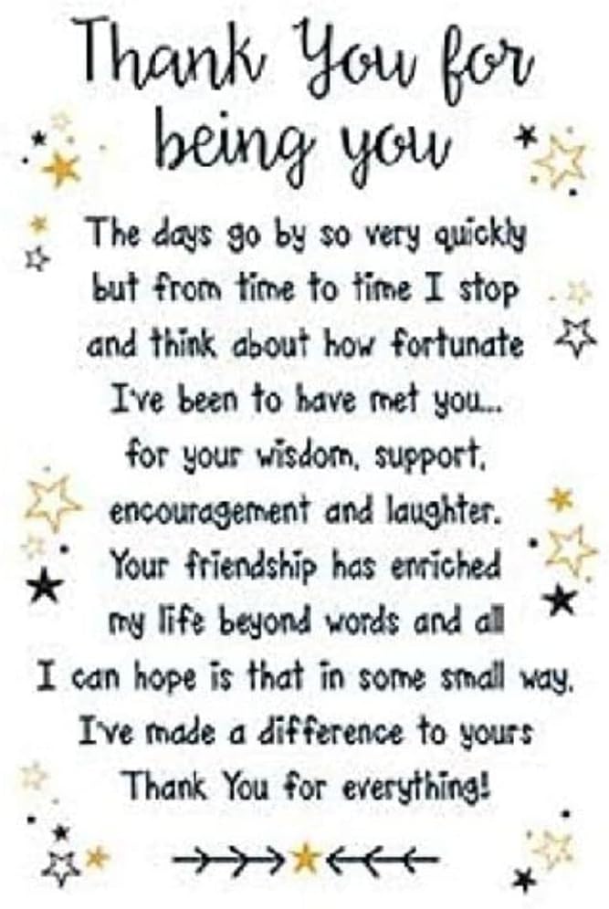 Piccadilly Greetings Thank You for Being You - Wallet Card & Envelope Keepsake Verse Gift, grey|white|black|silver,8x6 in