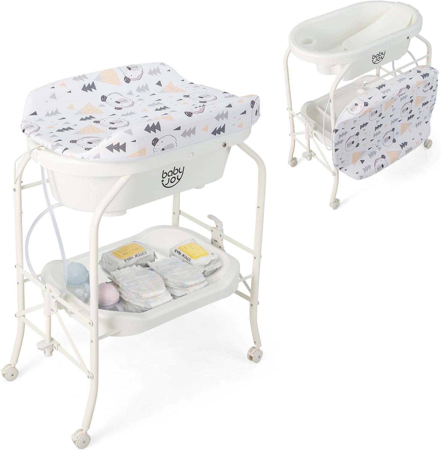 BABY JOY Baby Bathtub with Changing Table, Foldable Infant Diaper Changing Station with Storage
