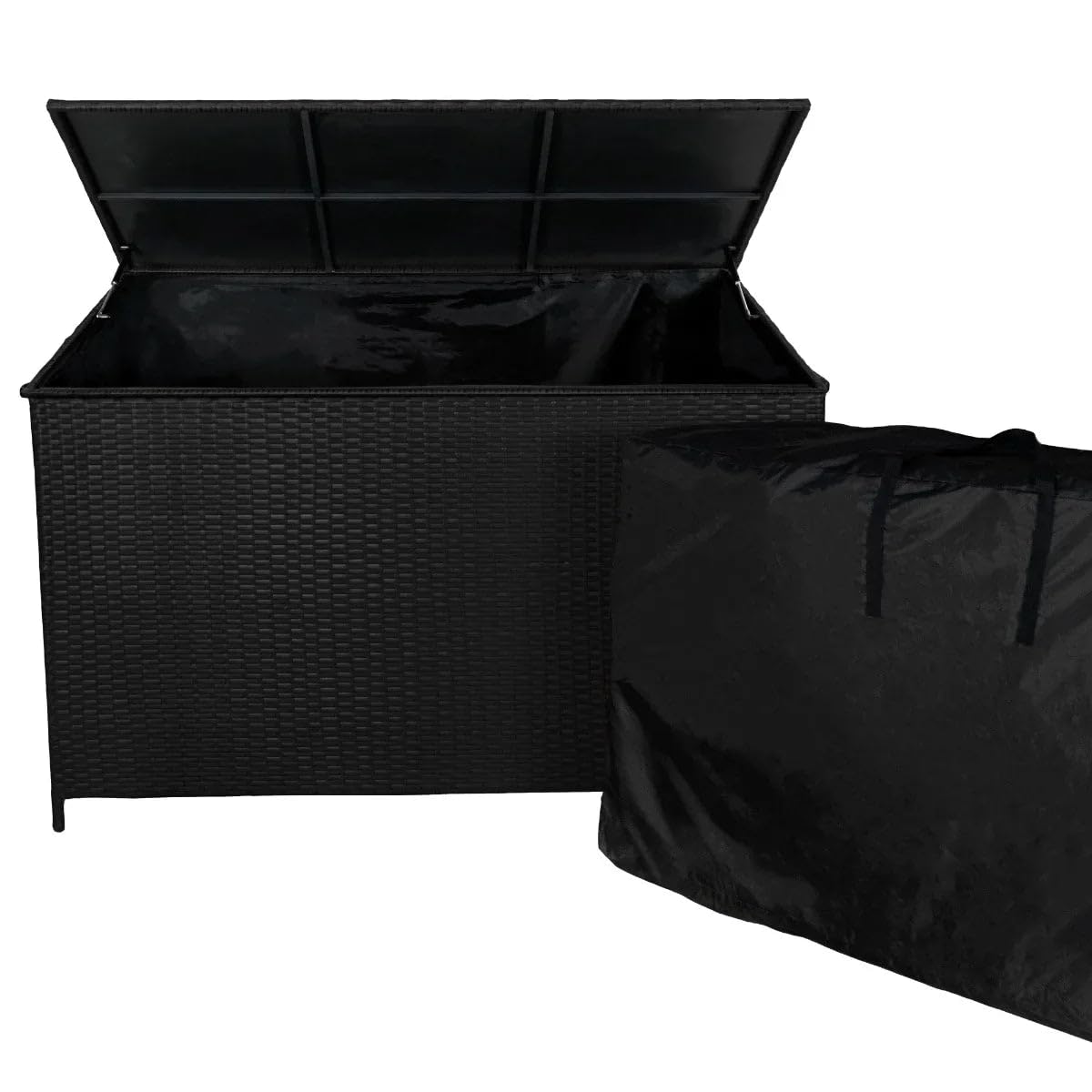 Box portaoggetti Cassapanca da giardino in rattan Nero - 582L, sollevamento assistito del coperchio Telaio in Acciaio Resistente borsa inclusa impermeabile, Ruote, ideale per cuscini d’angolo Jardi
