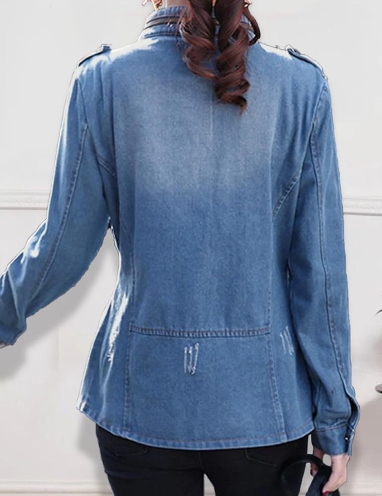 Amazon.com: Kwoki Women's Zipper Denim Jacket Stand Collar