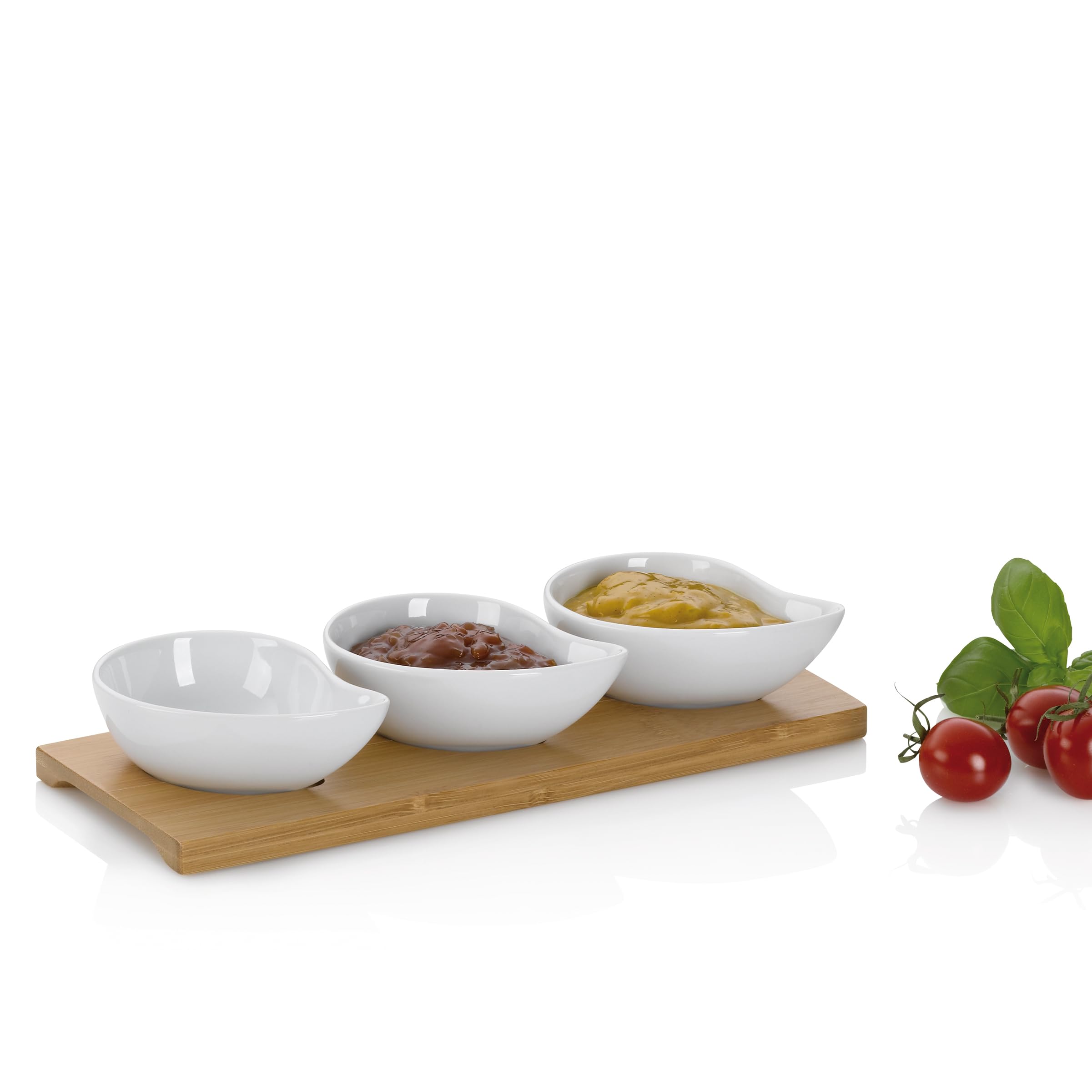 Set Apéritif 4 Coupelles Porcelaine Sur Plateau Bambou - Idéal Pour Cacahuètes, Olives, Amuses-bouches