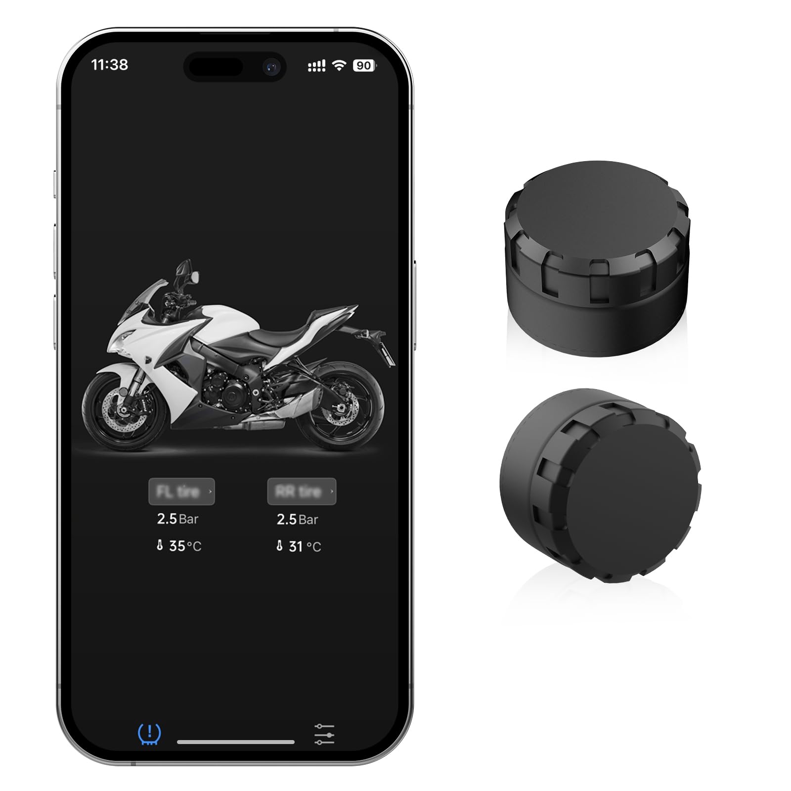 Moman Sistema di controllo della pressione dei pneumatici TPMS per moto con 2 sensori, con app, monitor della pressione e della temperatura dei pneumatici con funzione di allarme, compatibile solo con