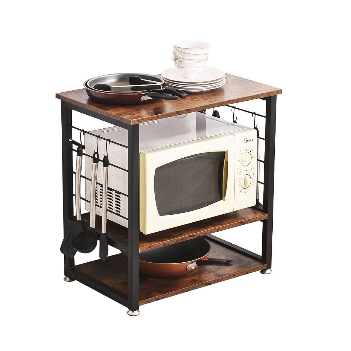 28400 Industrial Baker's Rack for Kitchens with Storage, Coffee Bar Table Microwave Oven Stand with Metal Frame and 6 Hooks, Vintage Black