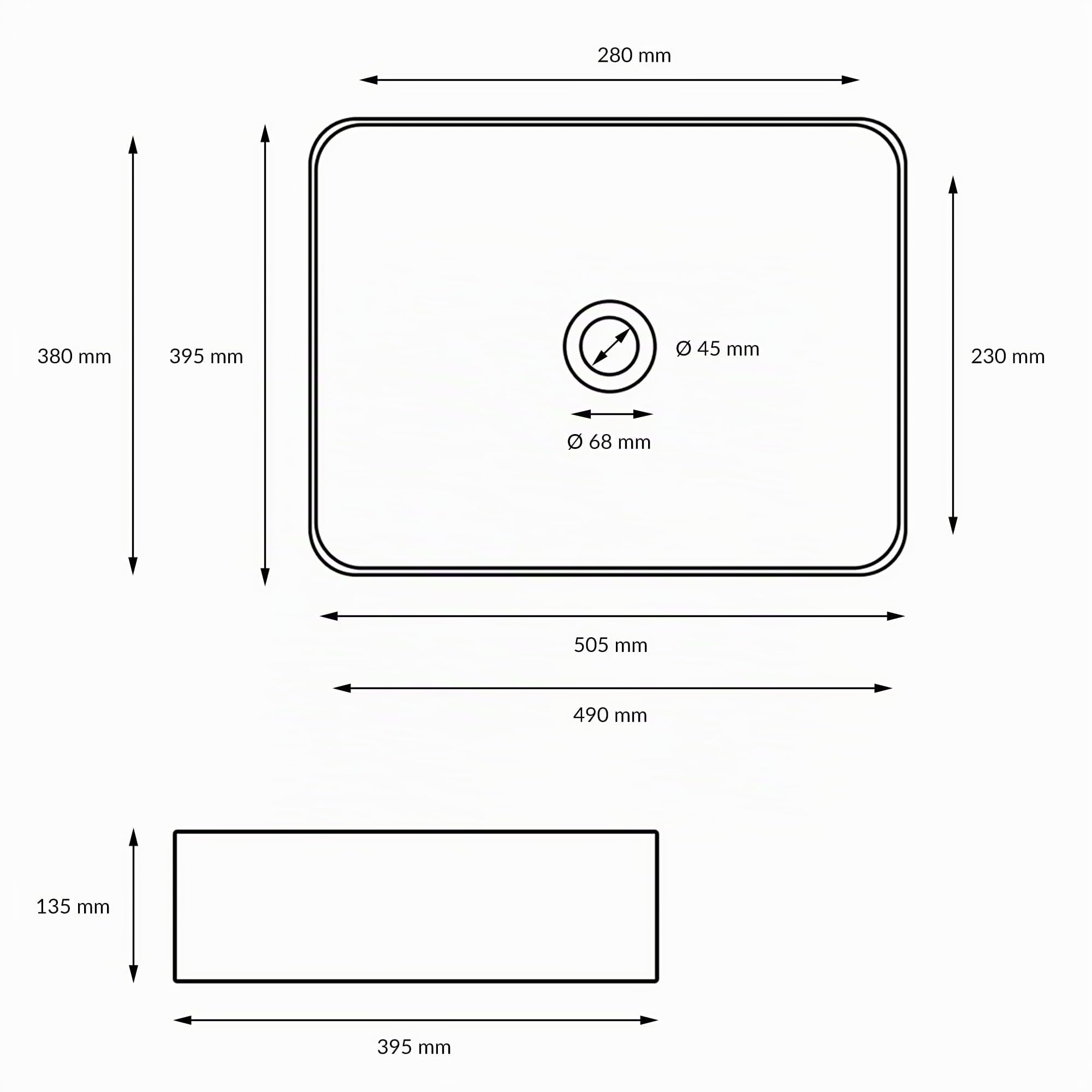 ECD Germany Vasque à Poser Lavabo Salle de Bain - Rectangulaire - 505 x 395 x 135 mm - en Céramique - Blanc - avec Kit de Vidange Push Open 1 1/4" sans Trop-Plein - Lave-Mains Évier Toilette Douche